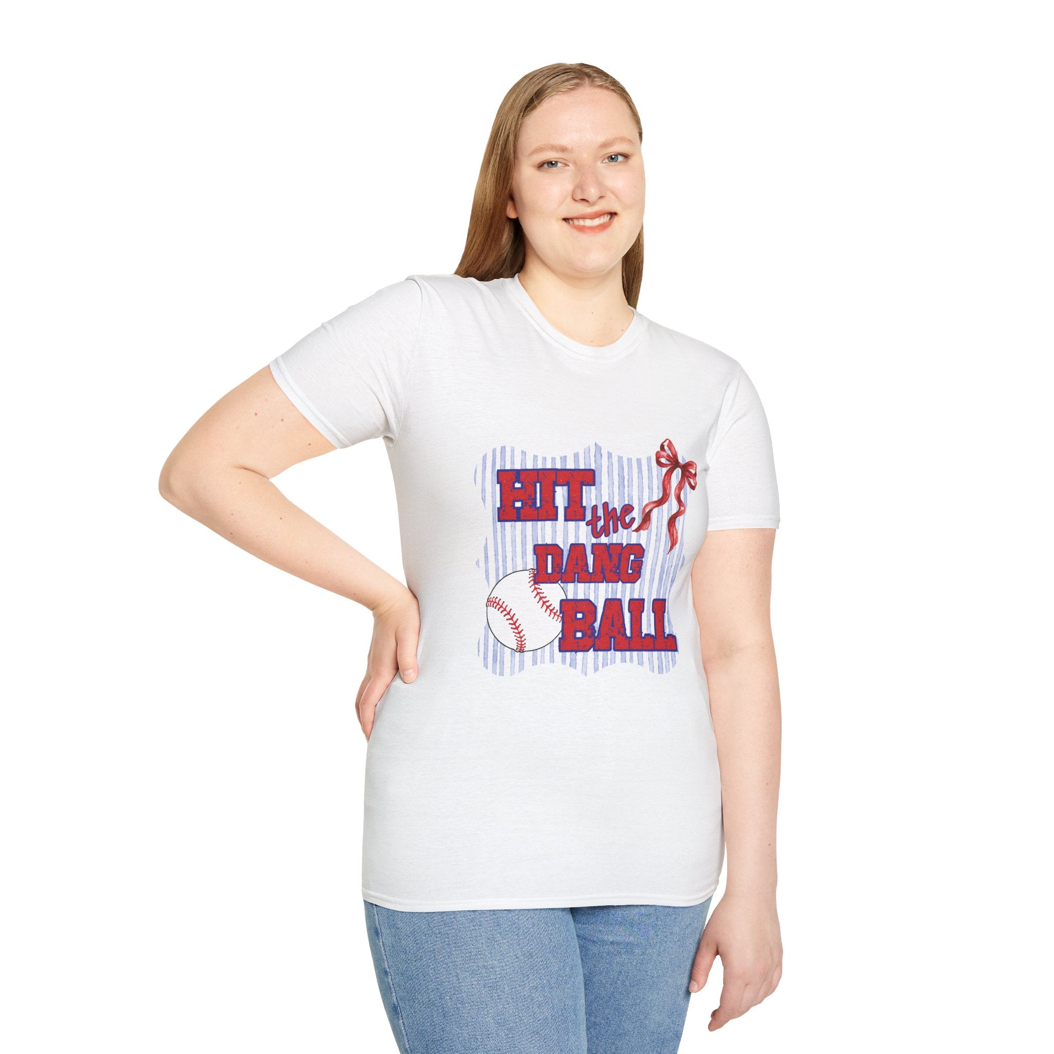 Preppy Hit the Dang Ball T-Shirt | Girly Baseball Graphic, Red White Blue Stripes