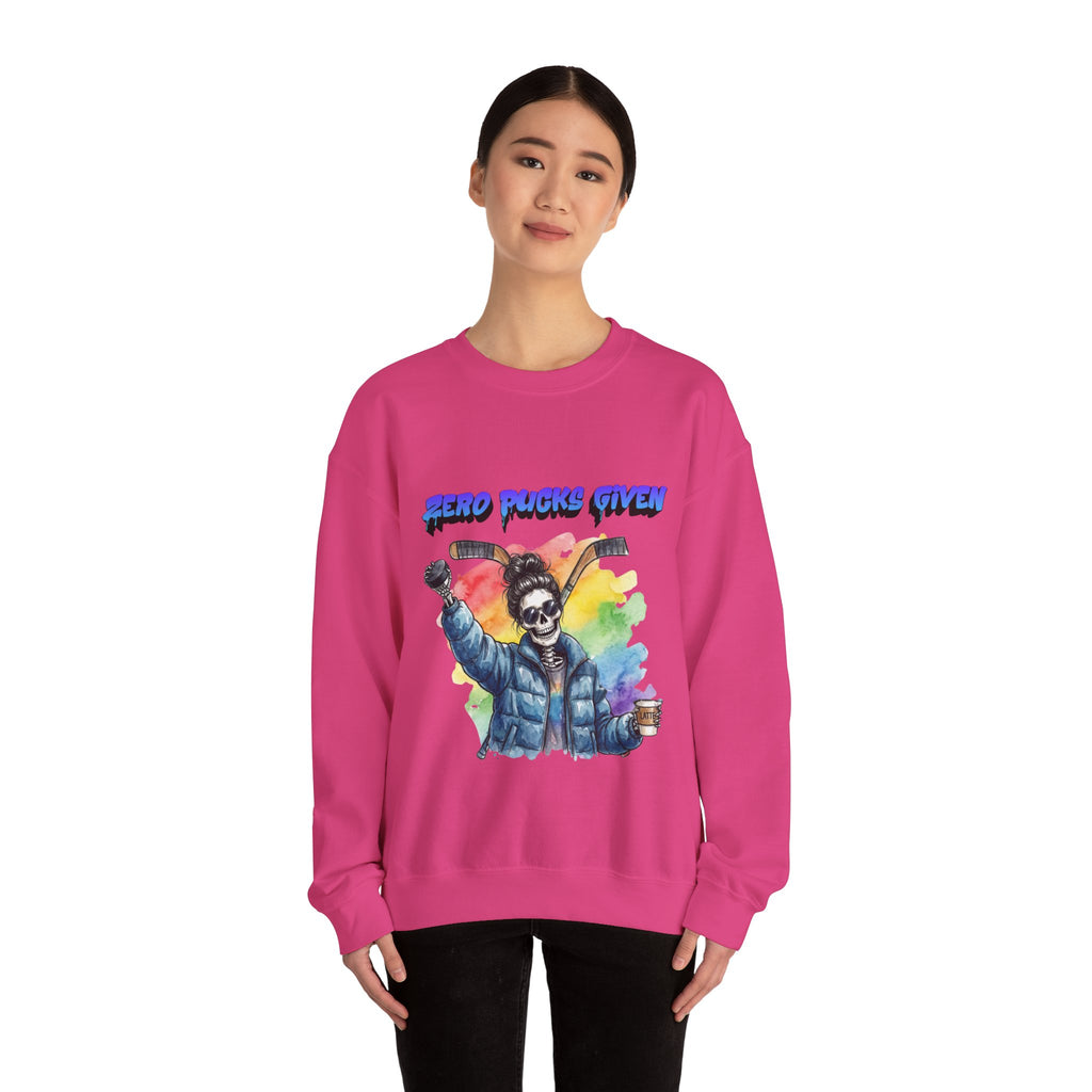 Zero Pucks Given Skeleton Hockey Player Crewneck sweatshirt | Rainbow Graphic