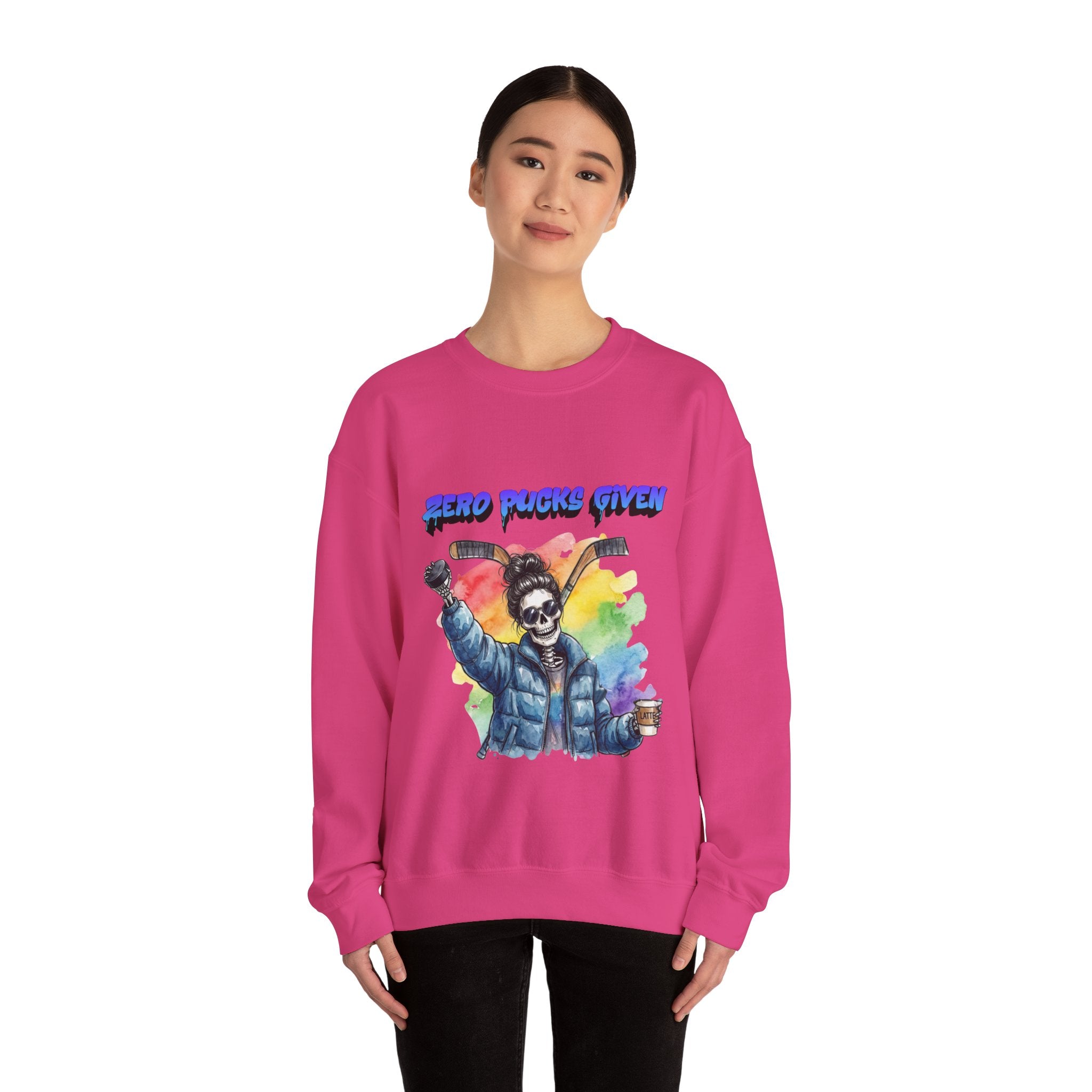 Zero Pucks Given Skeleton Hockey Player Crewneck sweatshirt | Rainbow Graphic
