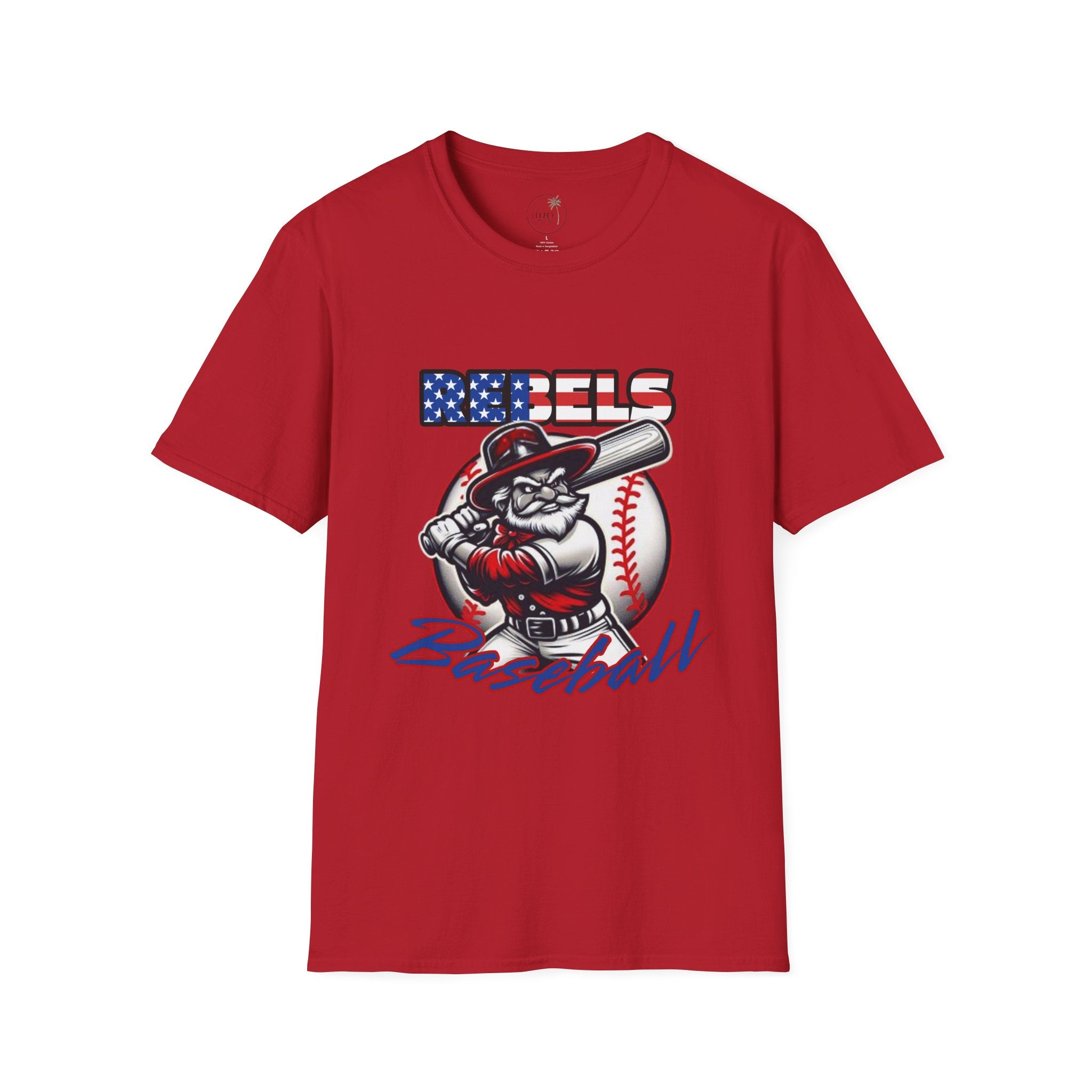 Rebels Baseball T-Shirt | Mascot Batter with American Flag Text