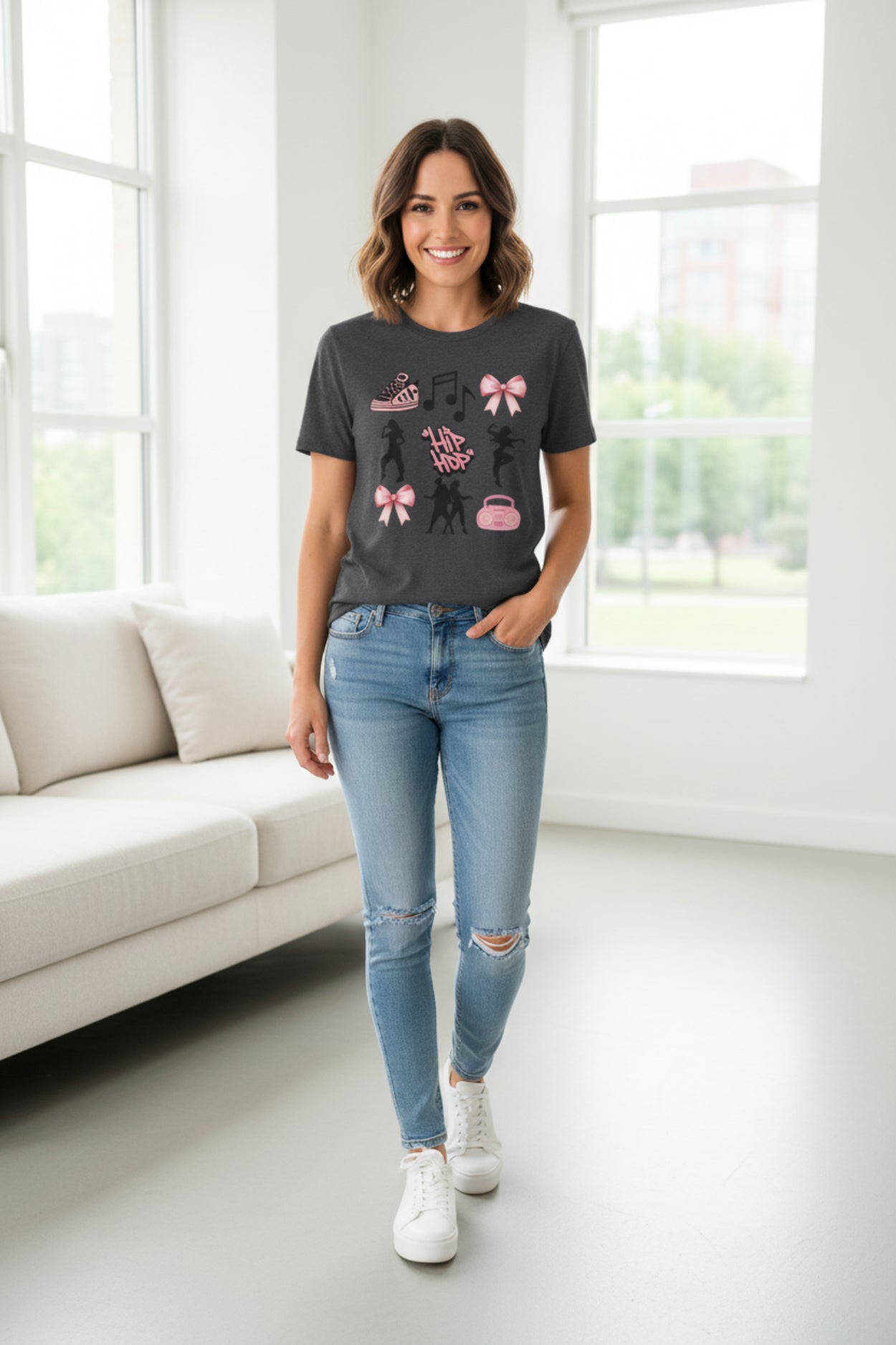 Hip Hop Dance Icons T‑Shirt — Pink Bows, Boombox & Sneaker Graphic