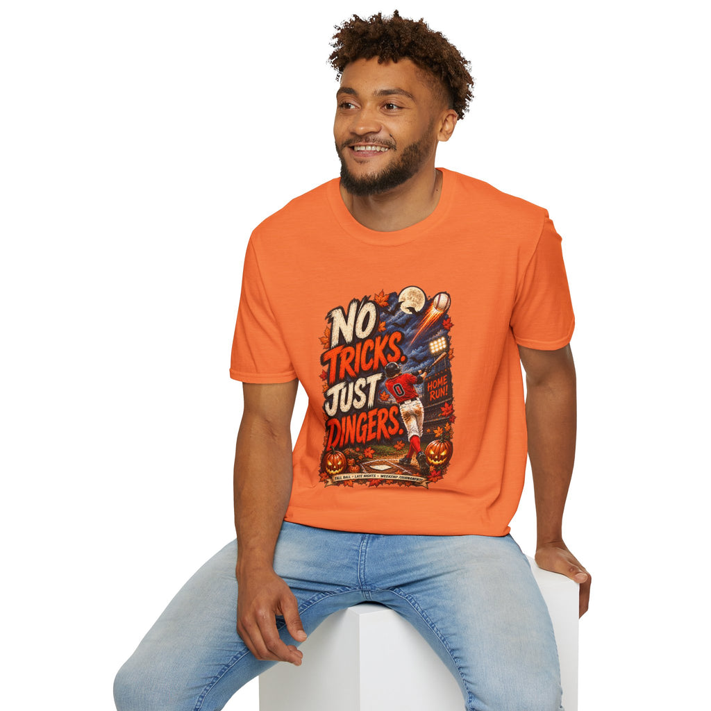 No Tricks Just Dingers T-Shirt | Halloween Baseball Pumpkin Moon Retro
