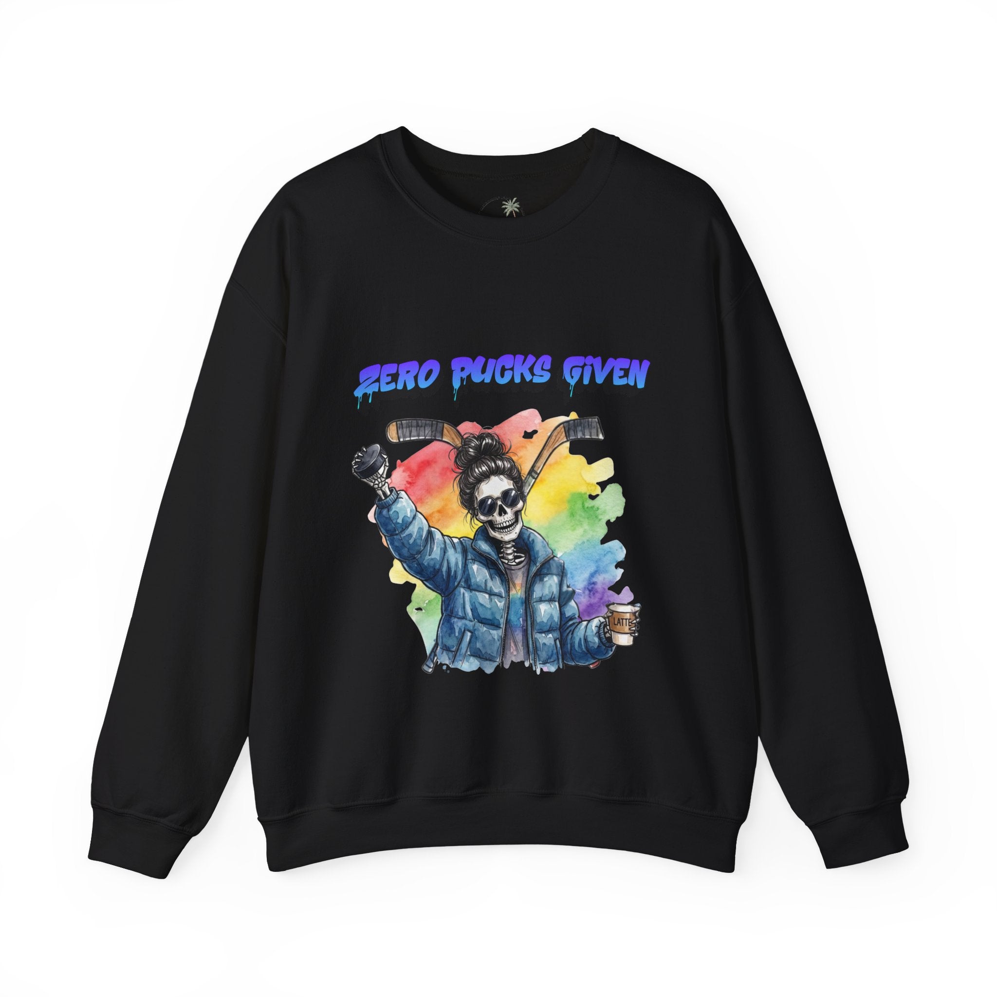 Zero Pucks Given Skeleton Hockey Player Crewneck sweatshirt | Rainbow Graphic