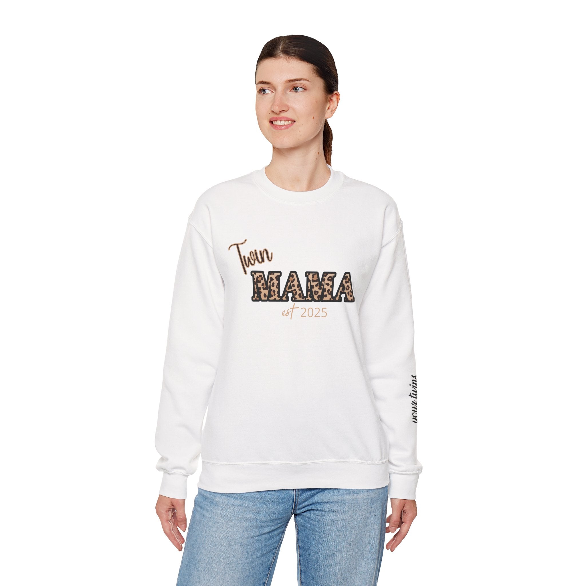 Twin Mama crewneck sweatshirt Customizable| Leopard print MAMA, est. 2025, name sleeve
