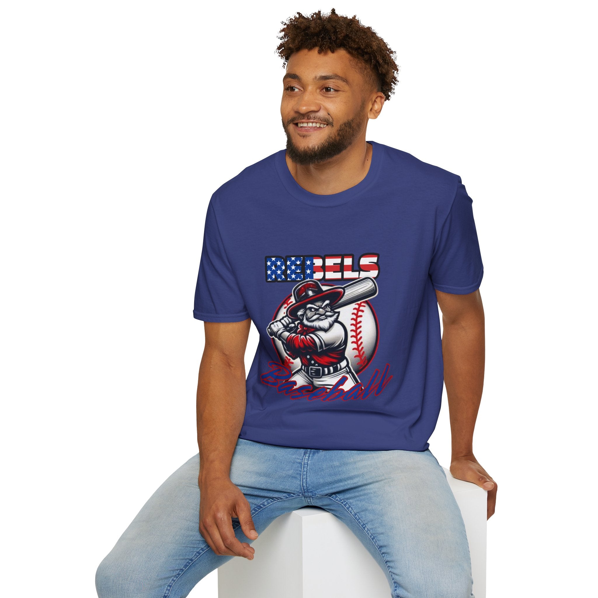 Rebels Baseball T-Shirt | Mascot Batter with American Flag Text