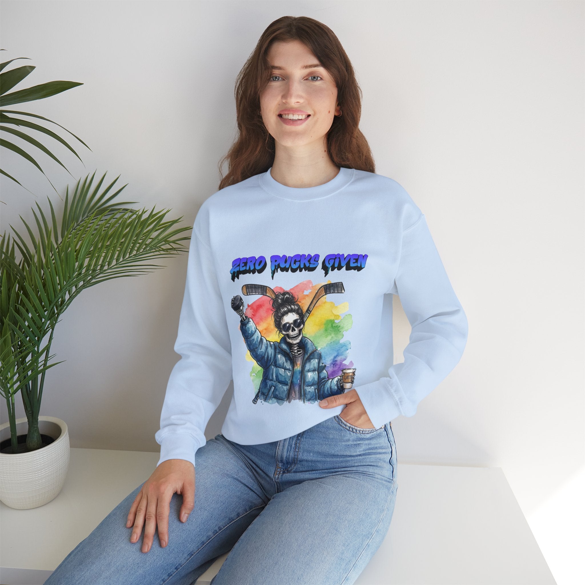 Zero Pucks Given Skeleton Hockey Player Crewneck sweatshirt | Rainbow Graphic