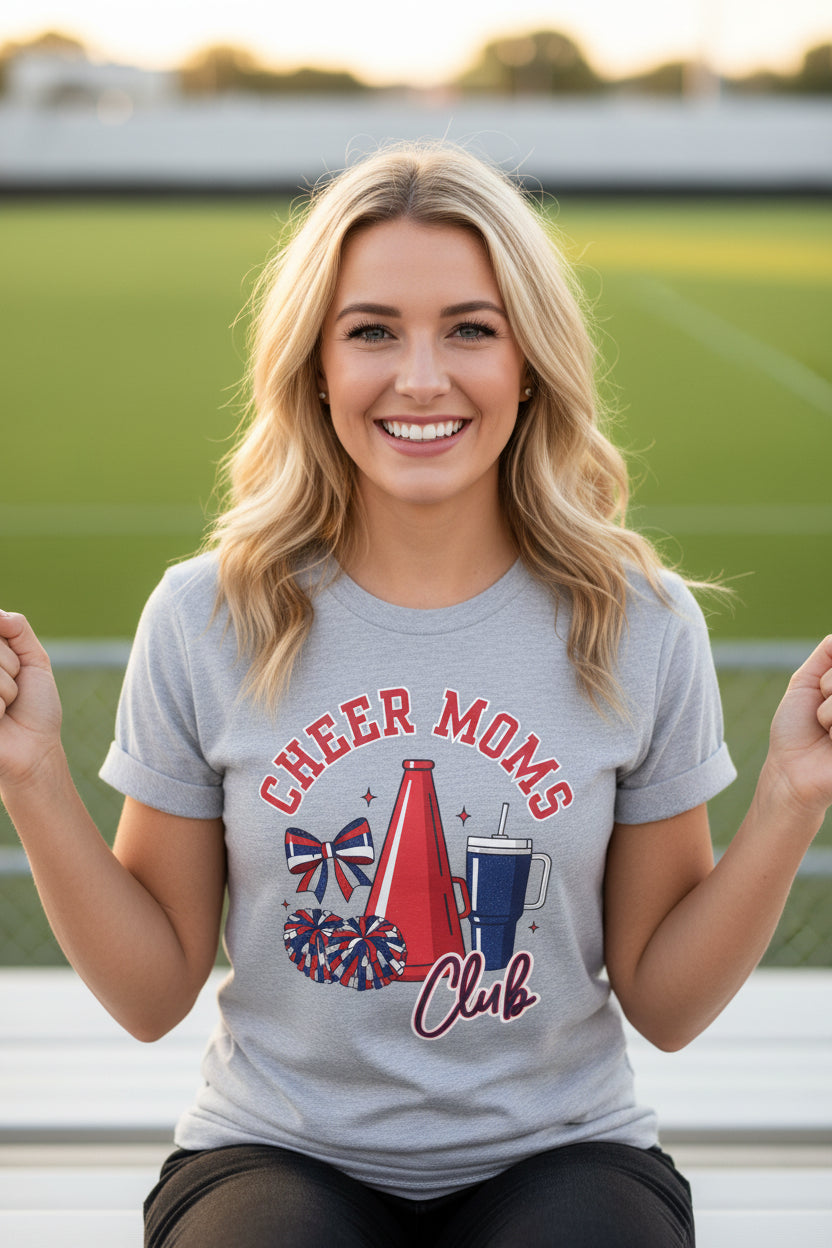 Cheer Moms Club Tee | Cheerleading Pom Poms, Megaphone, Bow Shirt
