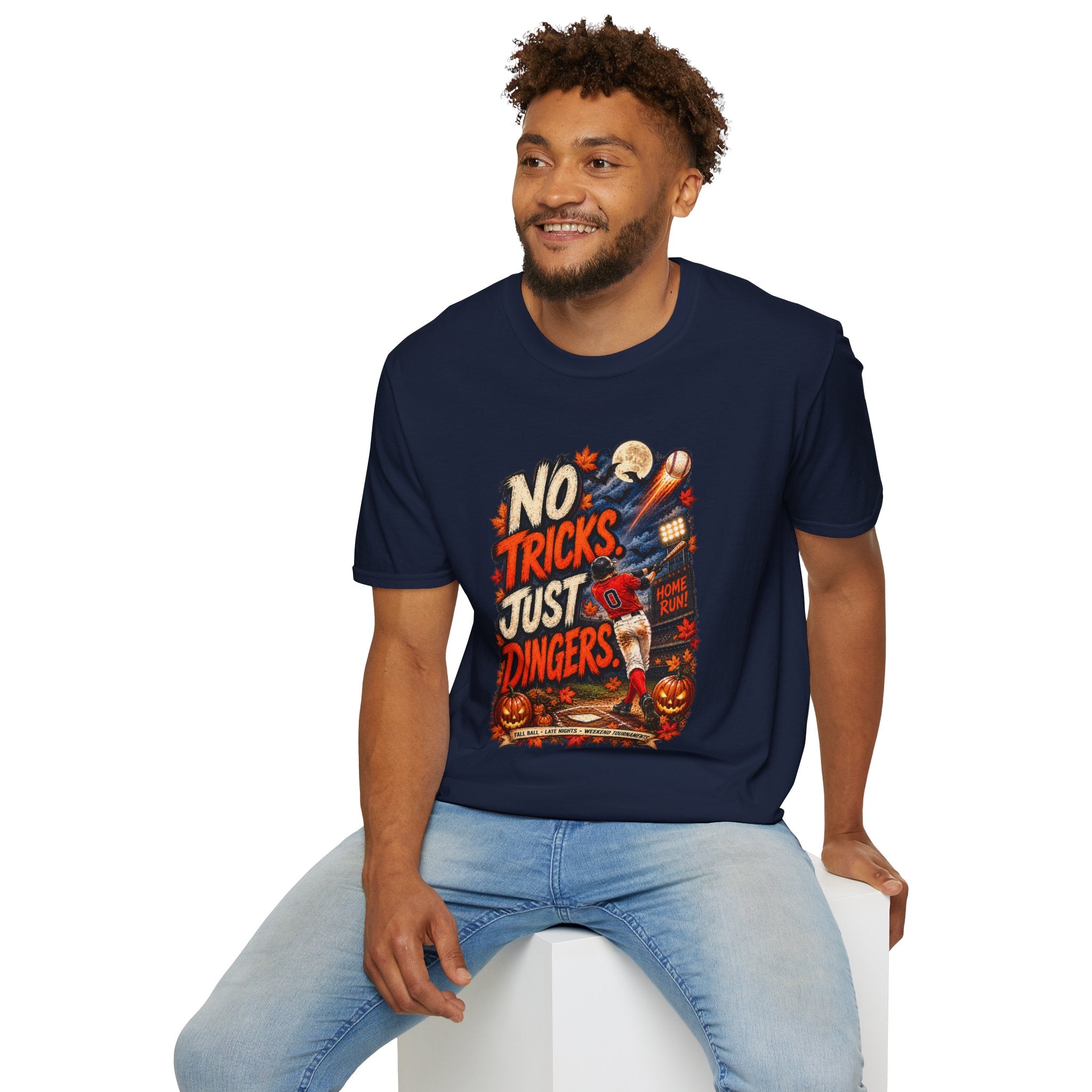 No Tricks Just Dingers T-Shirt | Halloween Baseball Pumpkin Moon Retro