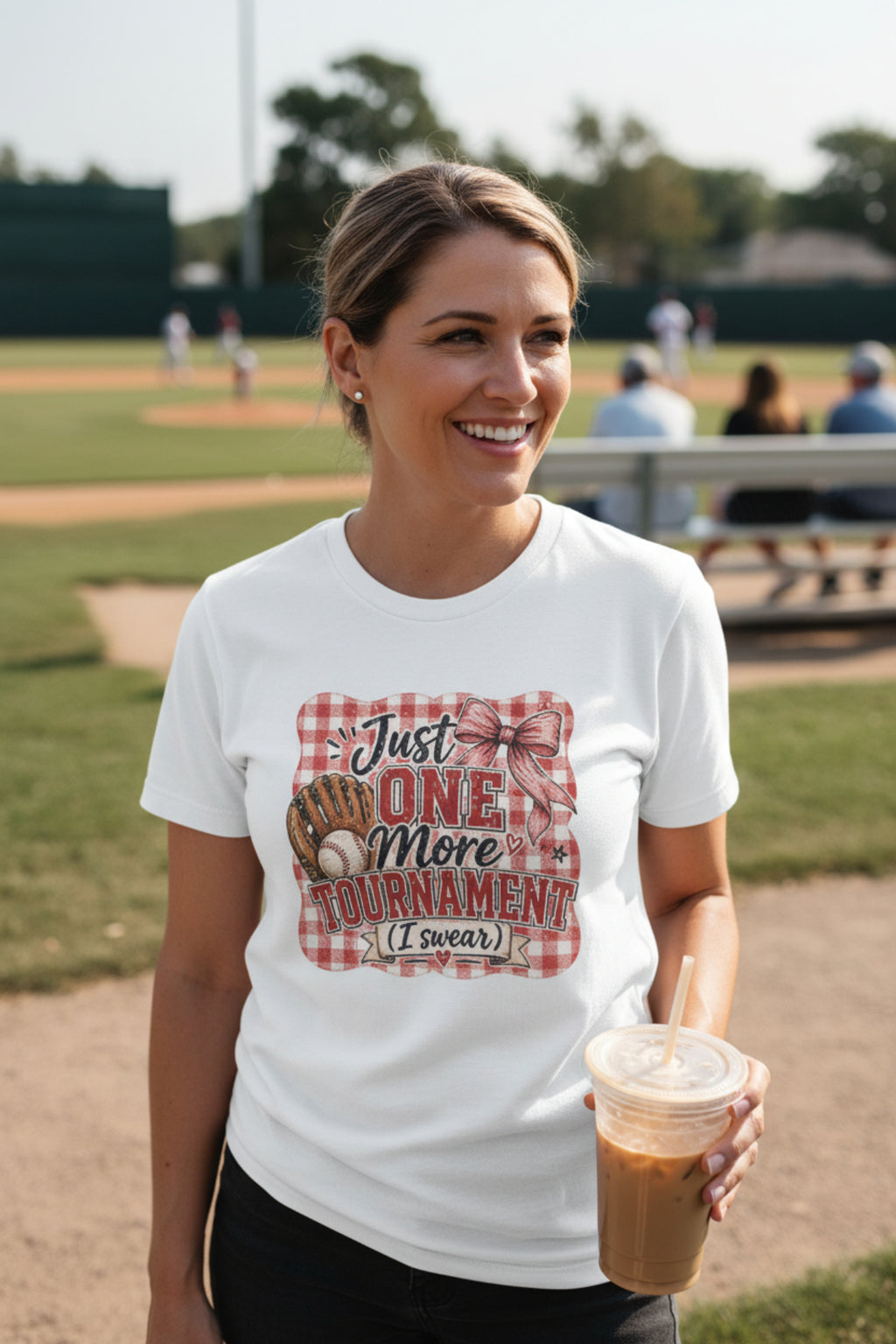 White t-shirt with plaid design and text on a white background