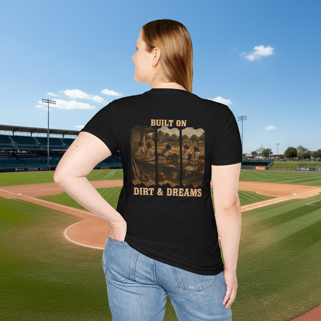 Vintage Baseball Shirt Built on Dirt and Dreams, Nostalgic Baseball Graphic Tee, Classic Fan Shirt, Dugout Scene Tee, Game Day Shirt