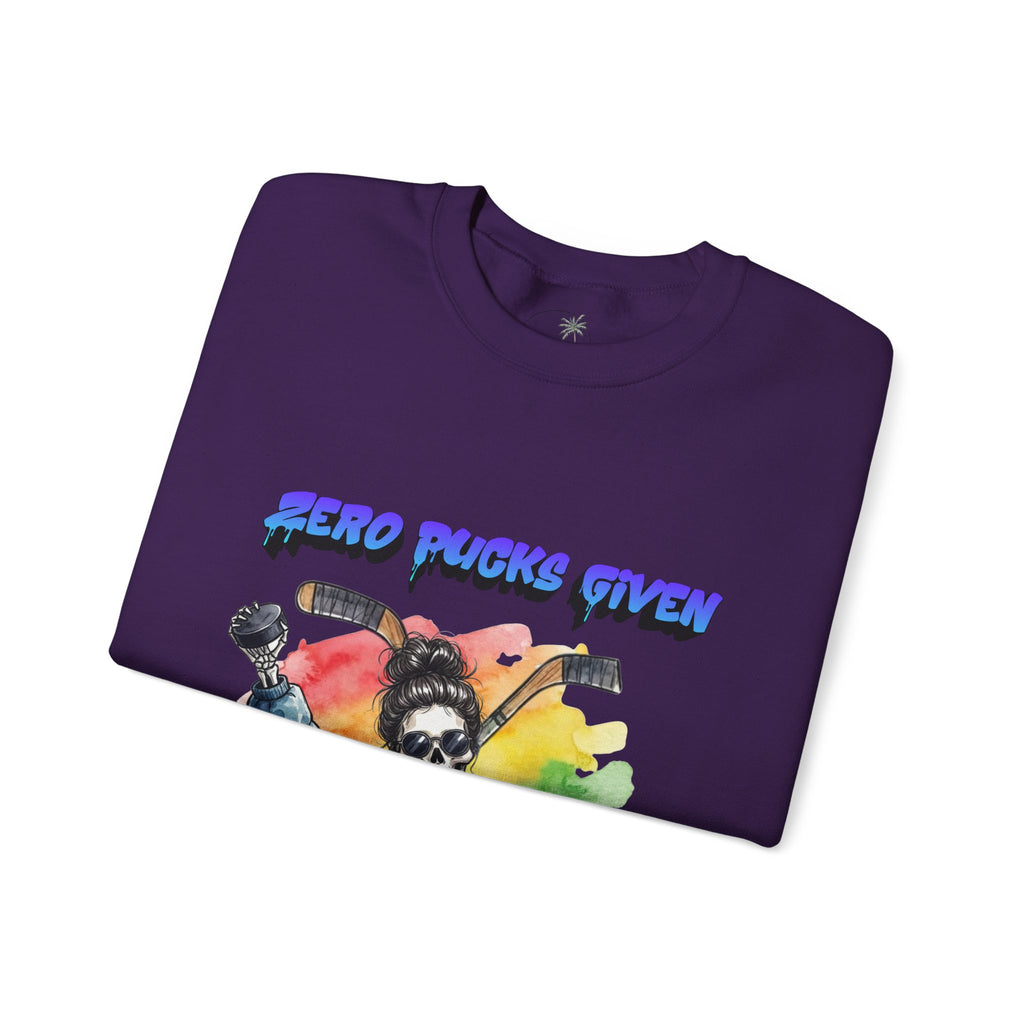 Zero Pucks Given Skeleton Hockey Player Crewneck sweatshirt | Rainbow Graphic