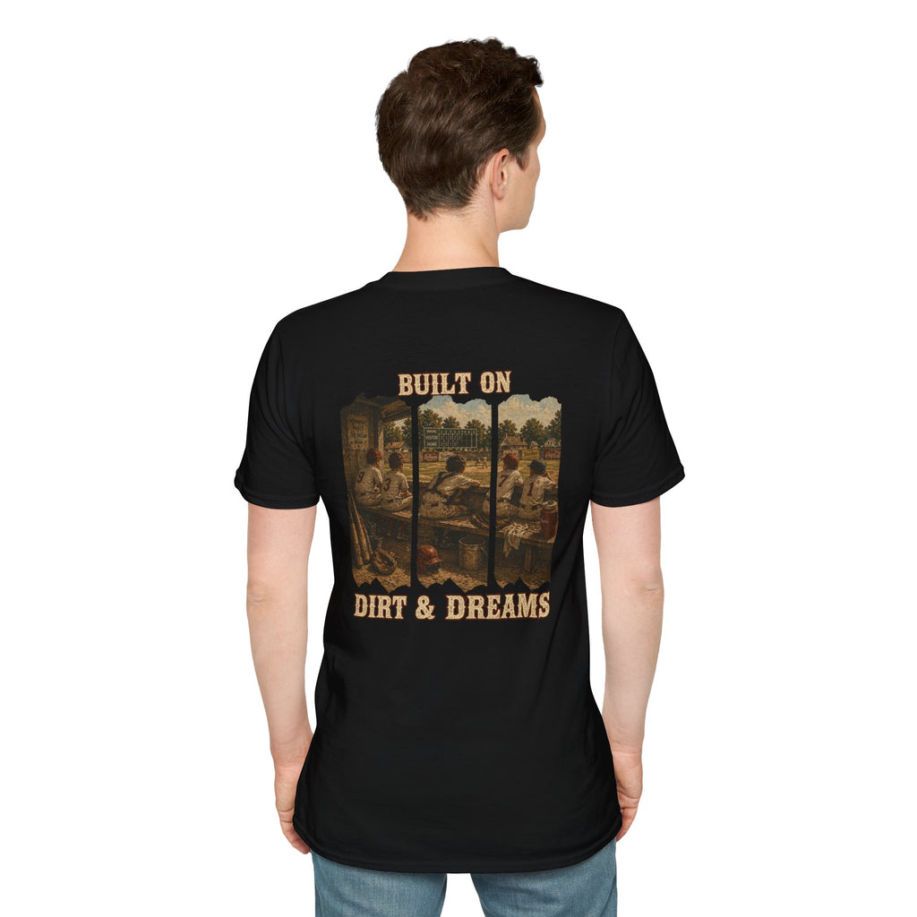 Vintage Baseball Shirt Built on Dirt and Dreams, Nostalgic Baseball Graphic Tee, Classic Fan Shirt, Dugout Scene Tee, Game Day Shirt
