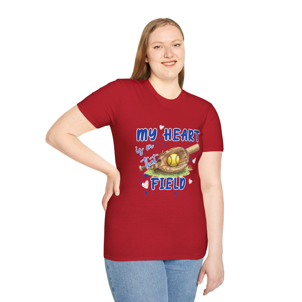 My Heart Is On That Field Softball T-Shirt | Softball Glove Ball Bat Design