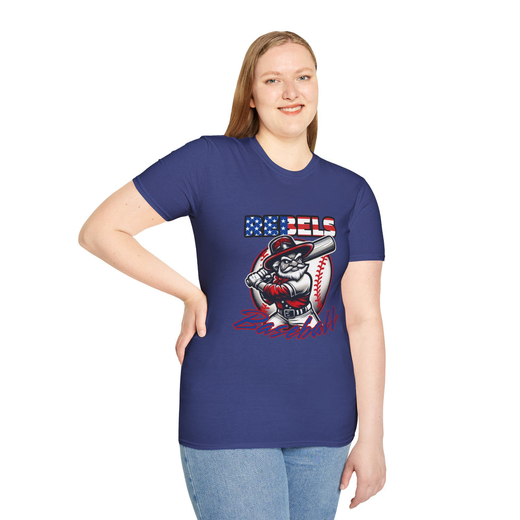 Rebels Baseball T-Shirt | Mascot Batter with American Flag Text