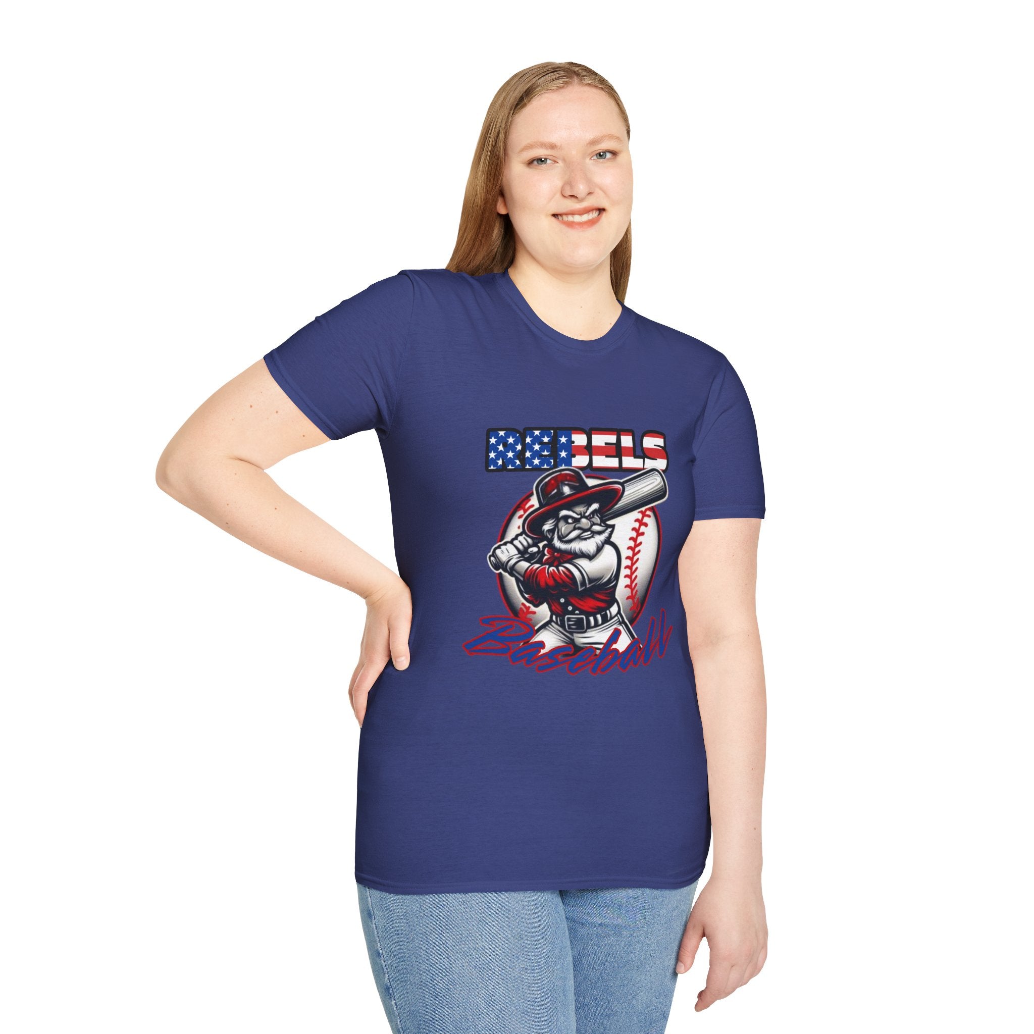 Rebels Baseball T-Shirt | Mascot Batter with American Flag Text