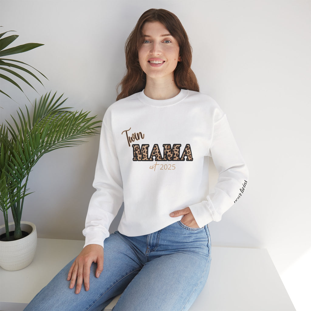 Twin Mama crewneck sweatshirt Customizable| Leopard print MAMA, est. 2025, name sleeve
