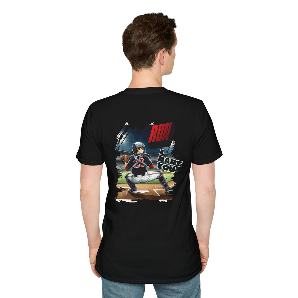 Run I Dare You' Back Graphic Baseball Runner T-Shirt Youth Player Illustration