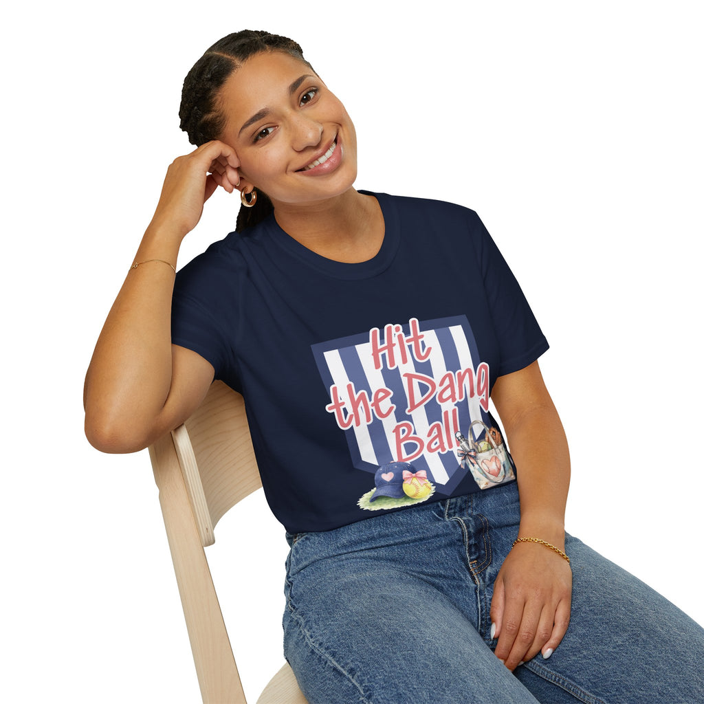 Preppy Hit the Dang Ball T-Shirt | Girly Baseball Graphic, Glove and Helmet Illustration