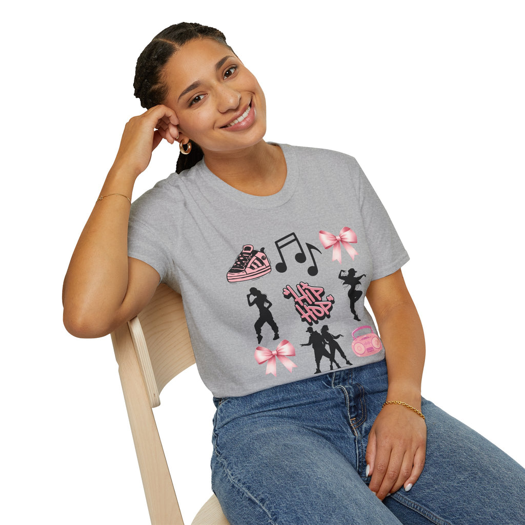 Hip Hop Dance Icons T‑Shirt — Pink Bows, Boombox & Sneaker Graphic