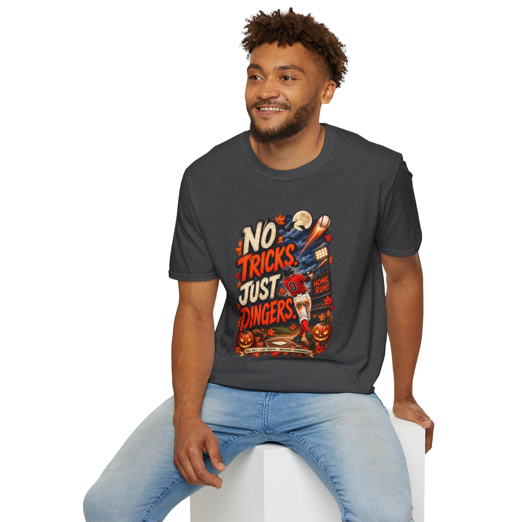 No Tricks Just Dingers T-Shirt | Halloween Baseball Pumpkin Moon Retro