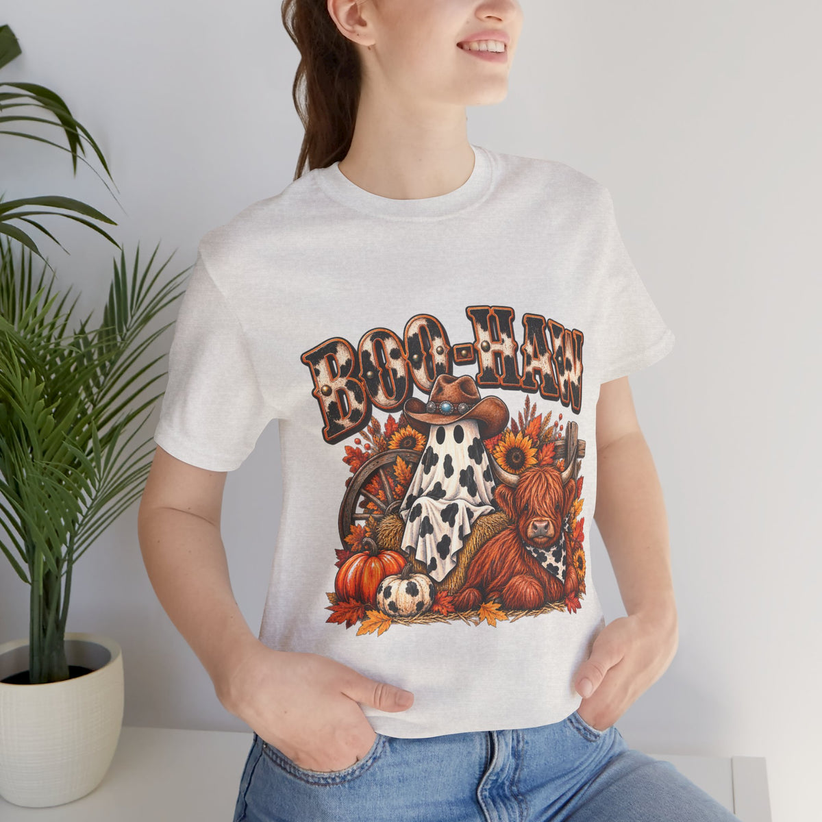 Boo-Haw Halloween T-Shirt  Western Ghost Cowgirl Tee, Fall Pumpkin Patch Shirt, Funny Country Halloween Graphic Tee