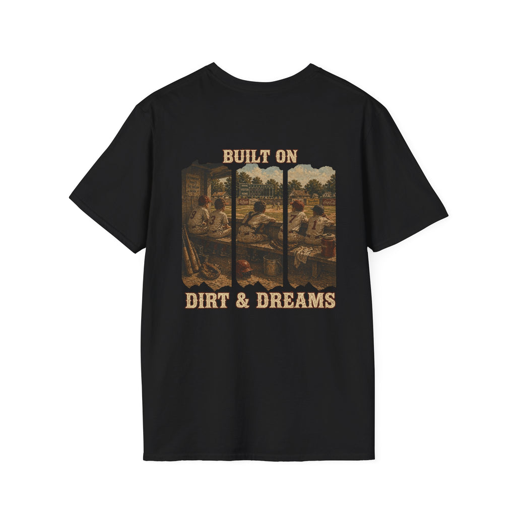 Vintage Baseball Shirt Built on Dirt and Dreams, Nostalgic Baseball Graphic Tee, Classic Fan Shirt, Dugout Scene Tee, Game Day Shirt