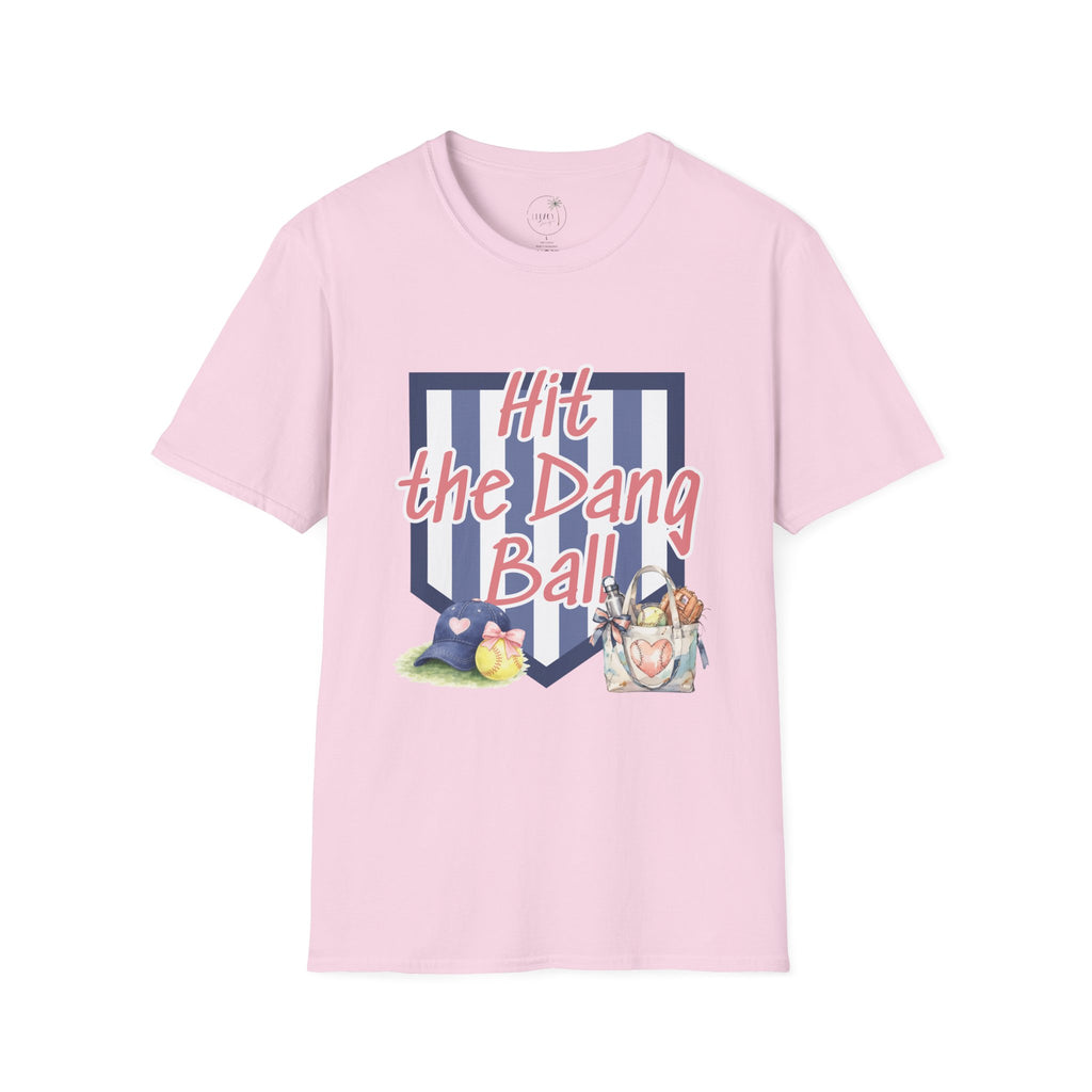Preppy Hit the Dang Ball T-Shirt | Girly Baseball Graphic, Glove and Helmet Illustration