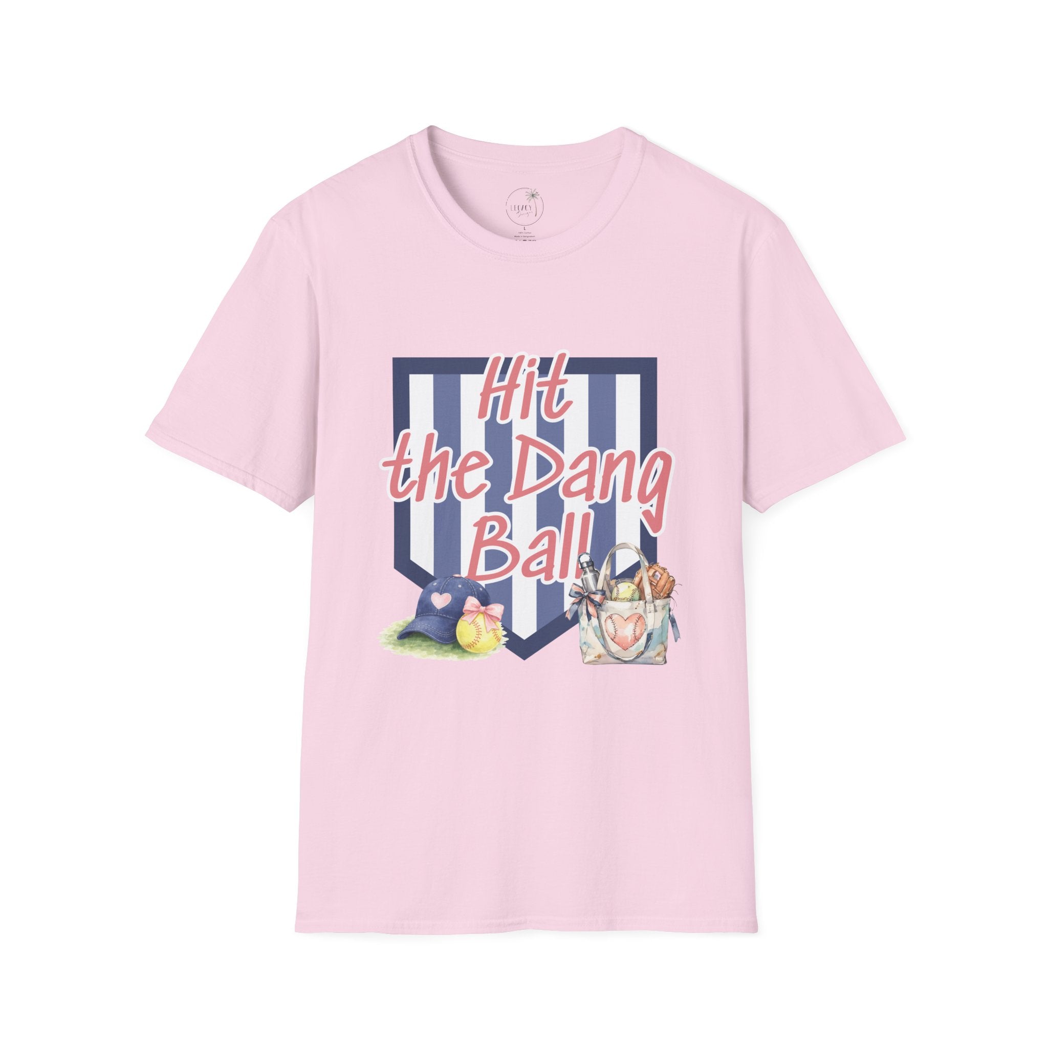 Preppy Hit the Dang Ball T-Shirt | Girly Baseball Graphic, Glove and Helmet Illustration