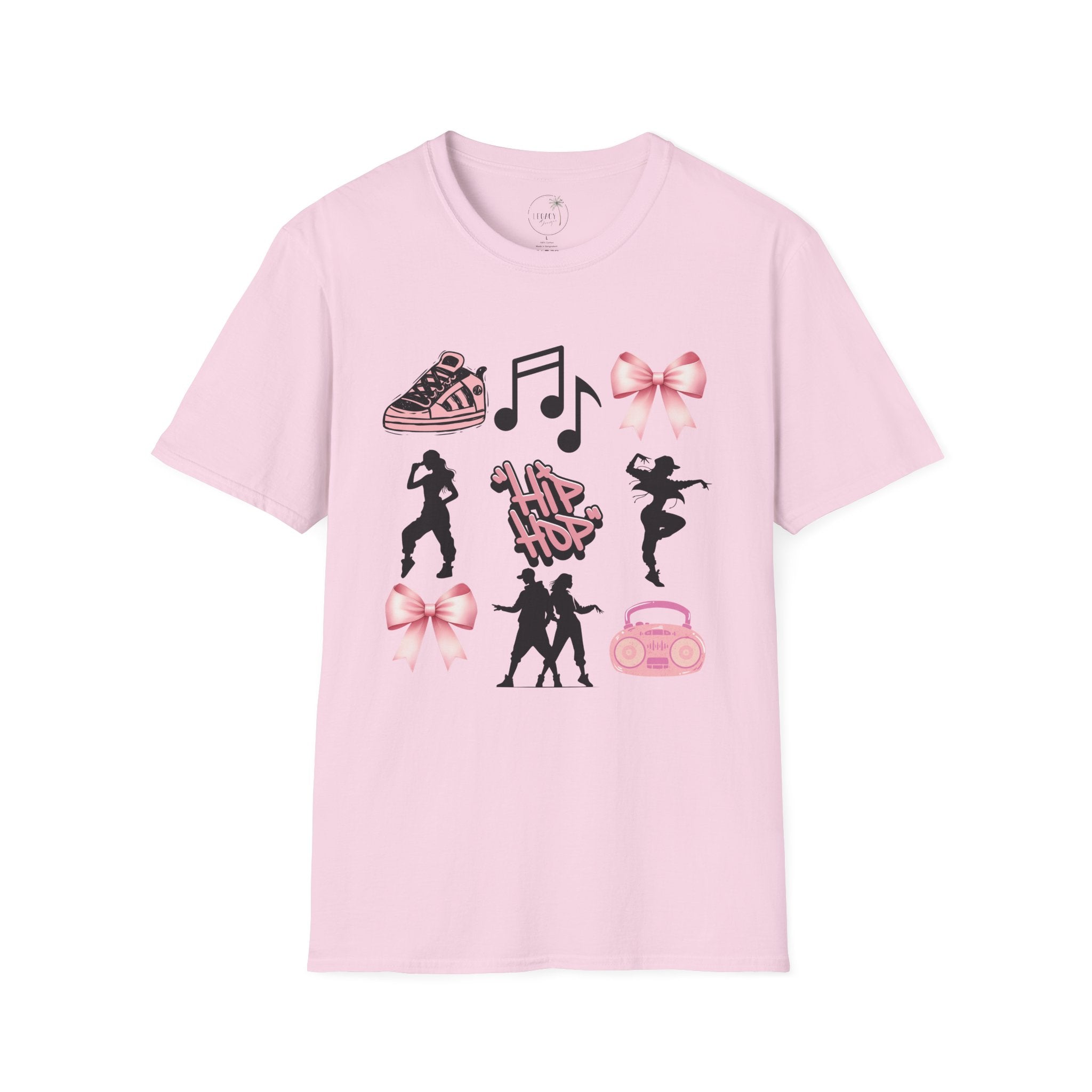 Hip Hop Dance Icons T‑Shirt — Pink Bows, Boombox & Sneaker Graphic