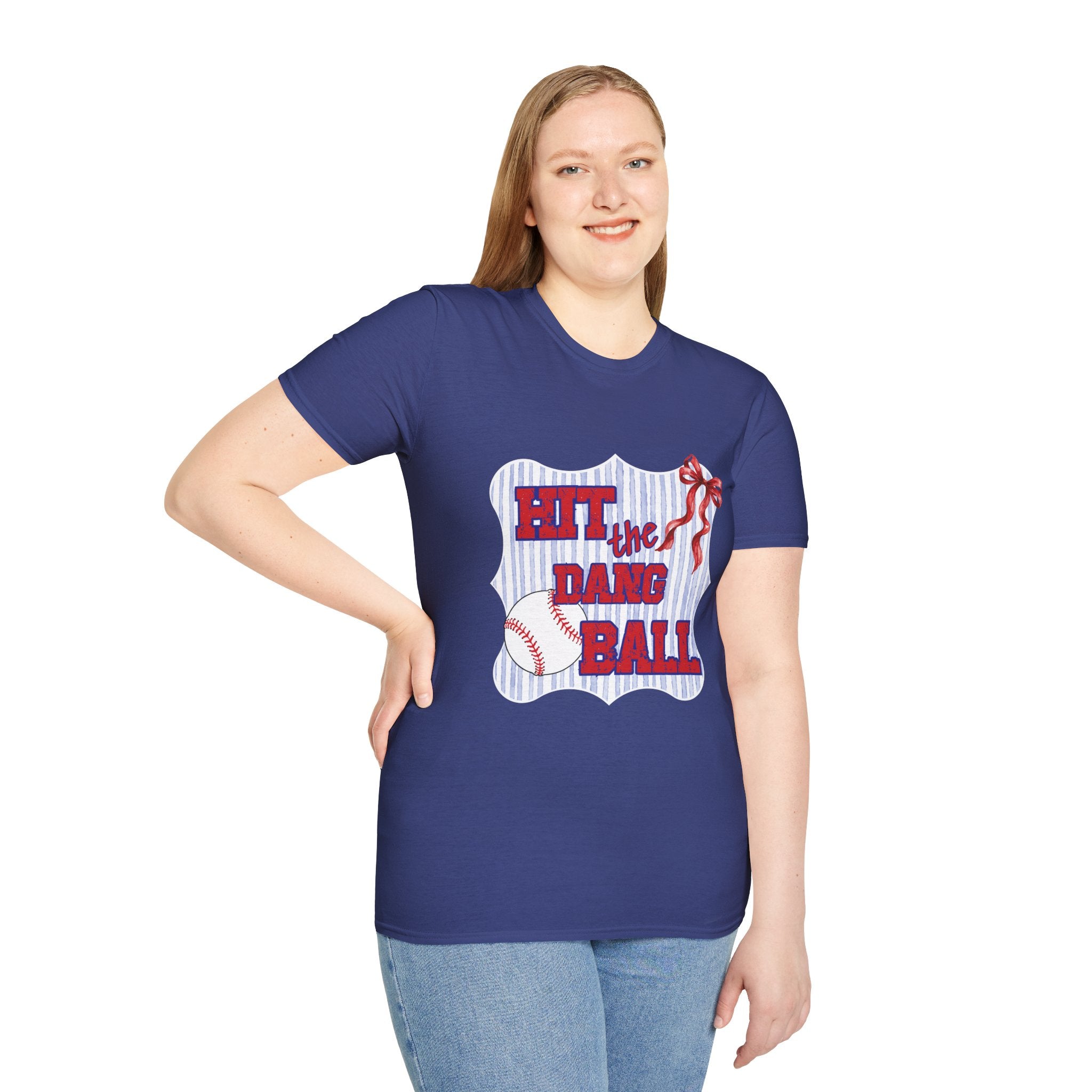 Preppy Hit the Dang Ball T-Shirt | Girly Baseball Graphic, Red White Blue Stripes