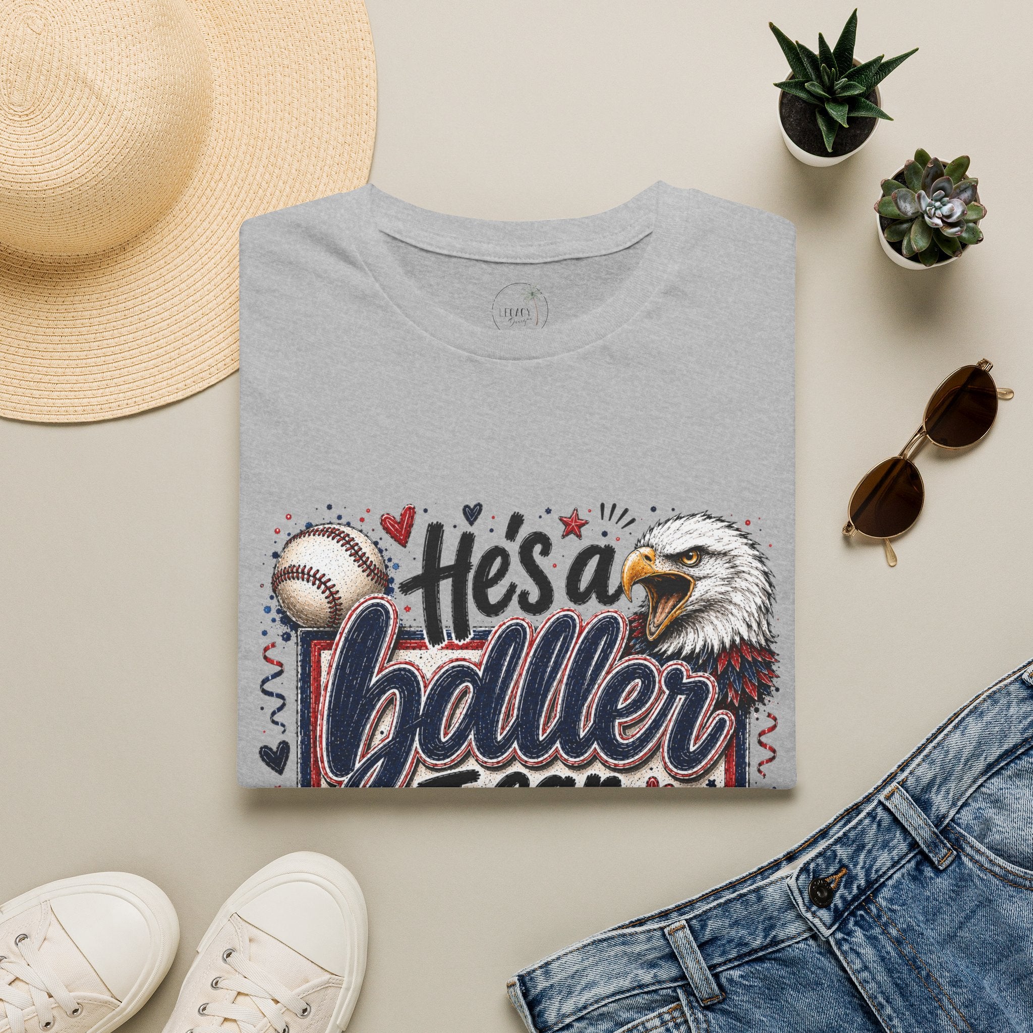 EAGLES-"He's a Ball-er I Can Tell" Patriotic Eagle Design Baseball Mom T‑Shirt —