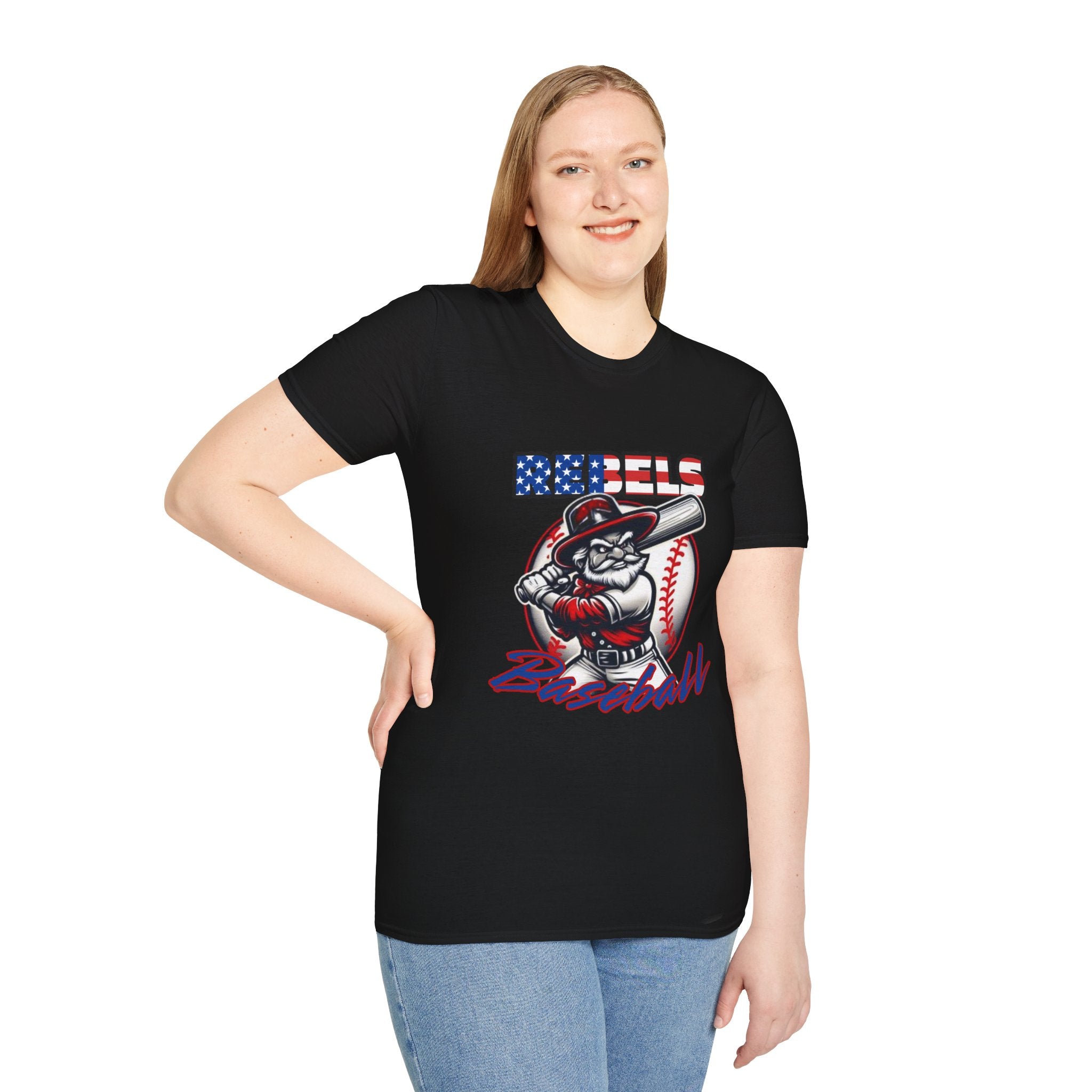 Rebels Baseball T-Shirt | Mascot Batter with American Flag Text