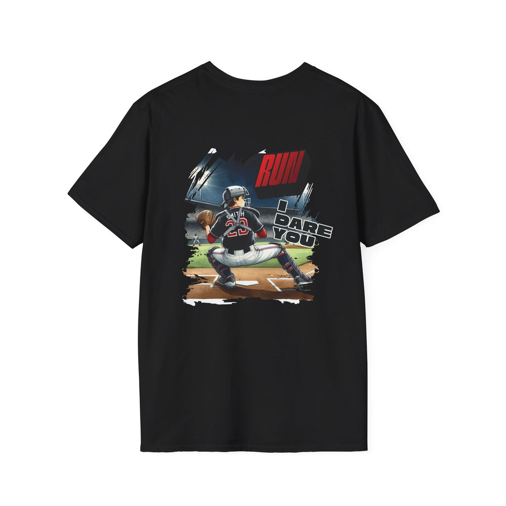 Run I Dare You' Back Graphic Baseball Runner T-Shirt Youth Player Illustration