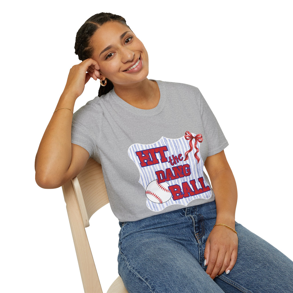 Preppy Hit the Dang Ball T-Shirt | Girly Baseball Graphic, Red White Blue Stripes