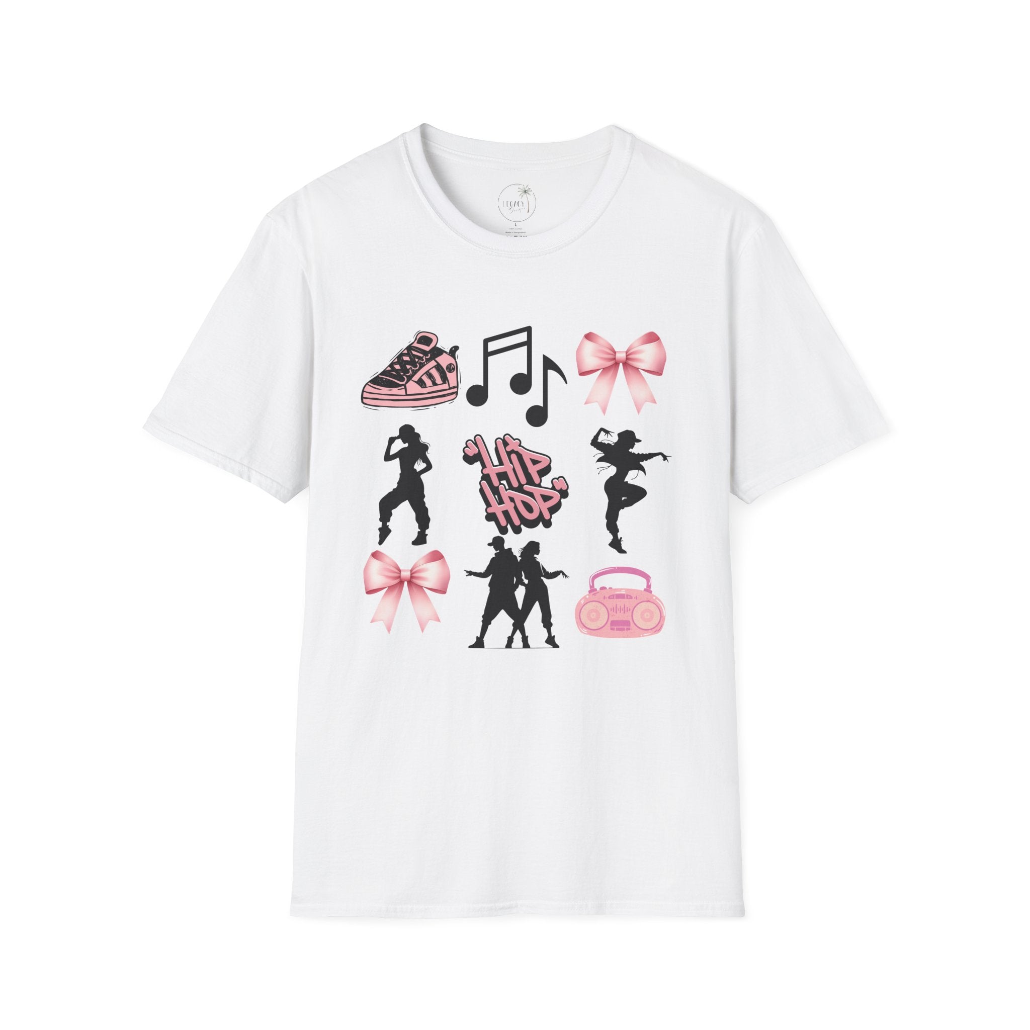 Hip Hop Dance Icons T‑Shirt — Pink Bows, Boombox & Sneaker Graphic