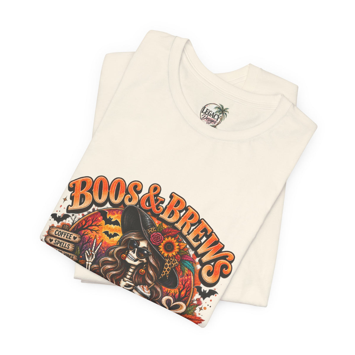 Boos & Brews Halloween Tee, Unisex Short Sleeve Shirt, Spooky Coffee Lover Gift, Fall Fashion, Halloween Apparel