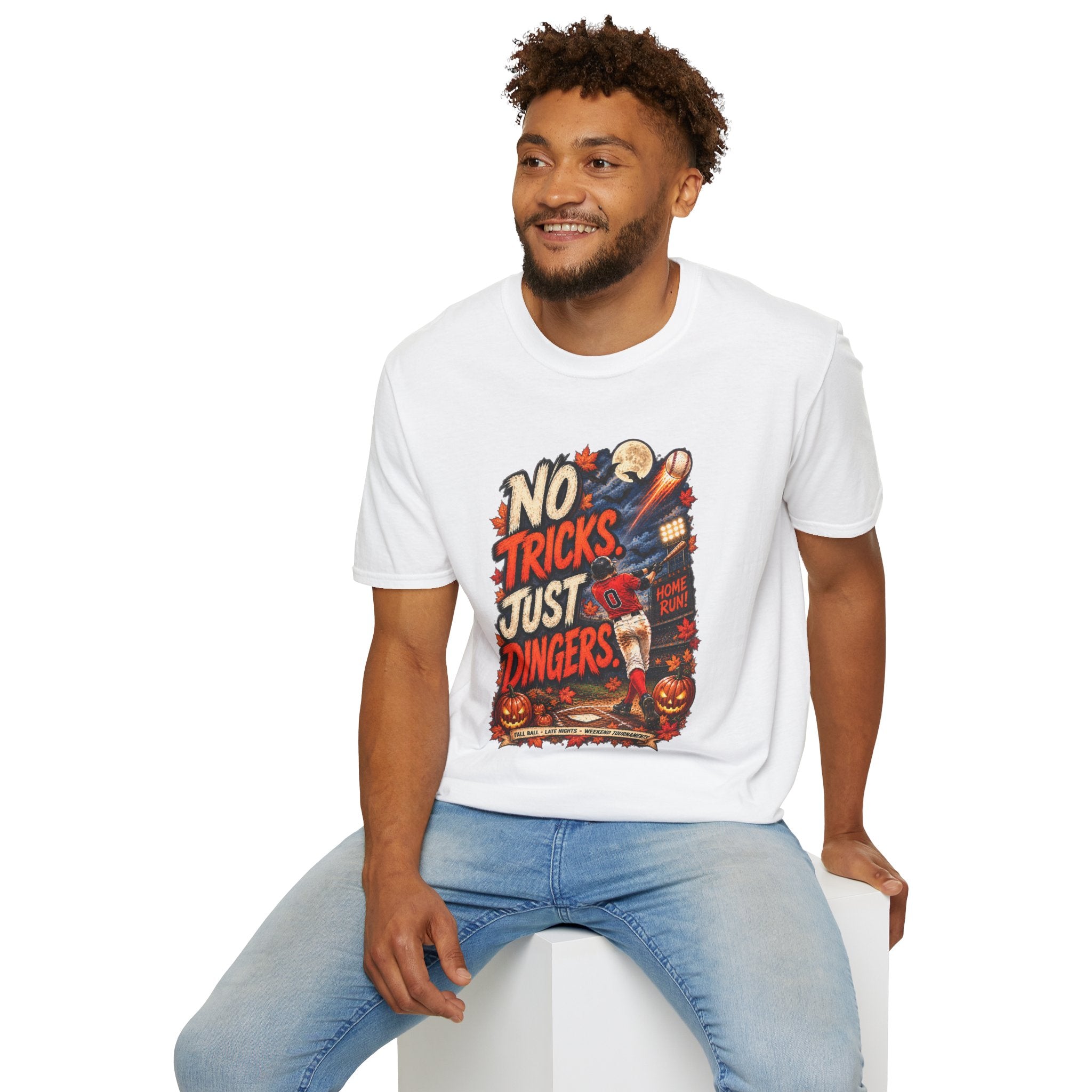 No Tricks Just Dingers T-Shirt | Halloween Baseball Pumpkin Moon Retro