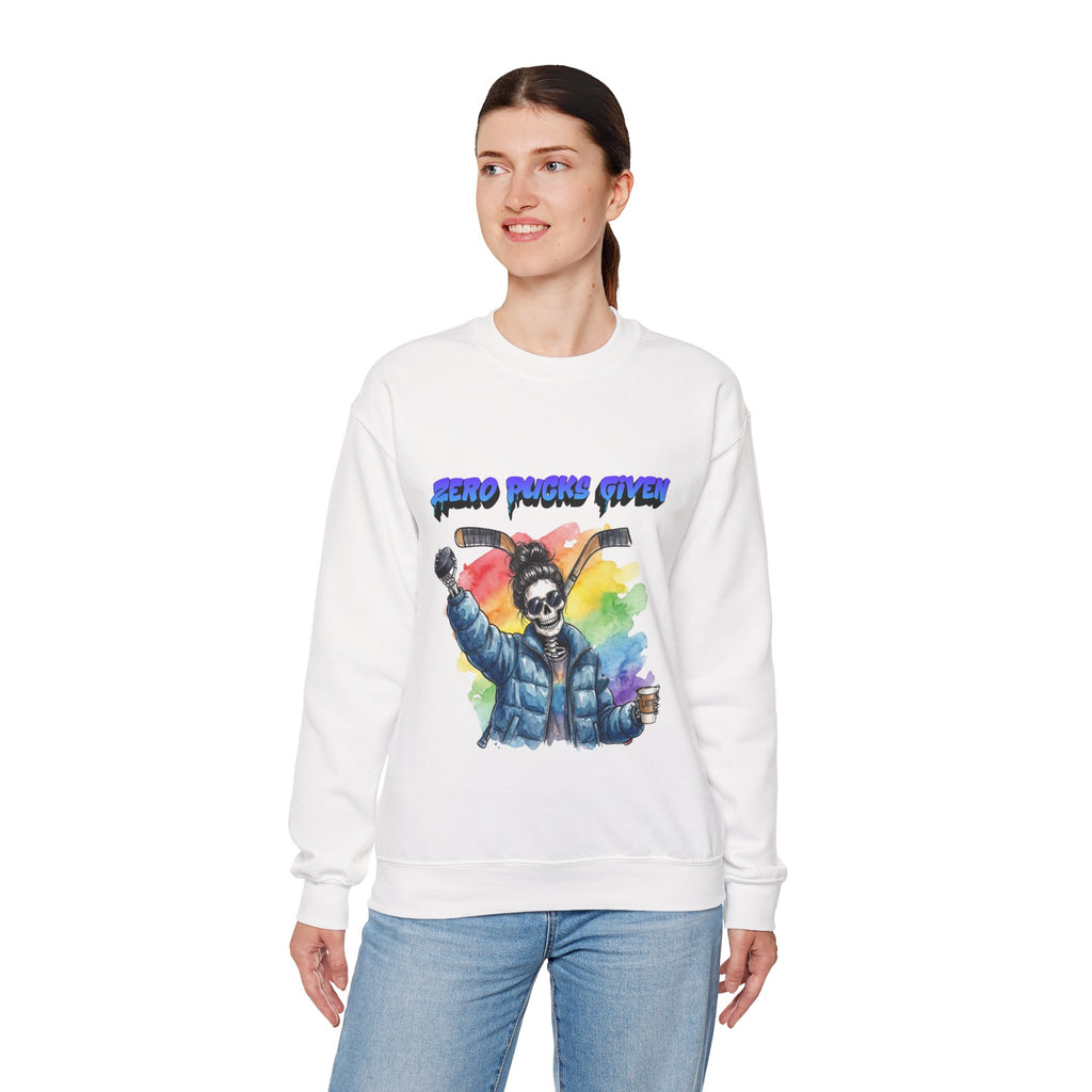 Zero Pucks Given Skeleton Hockey Player Crewneck sweatshirt | Rainbow Graphic