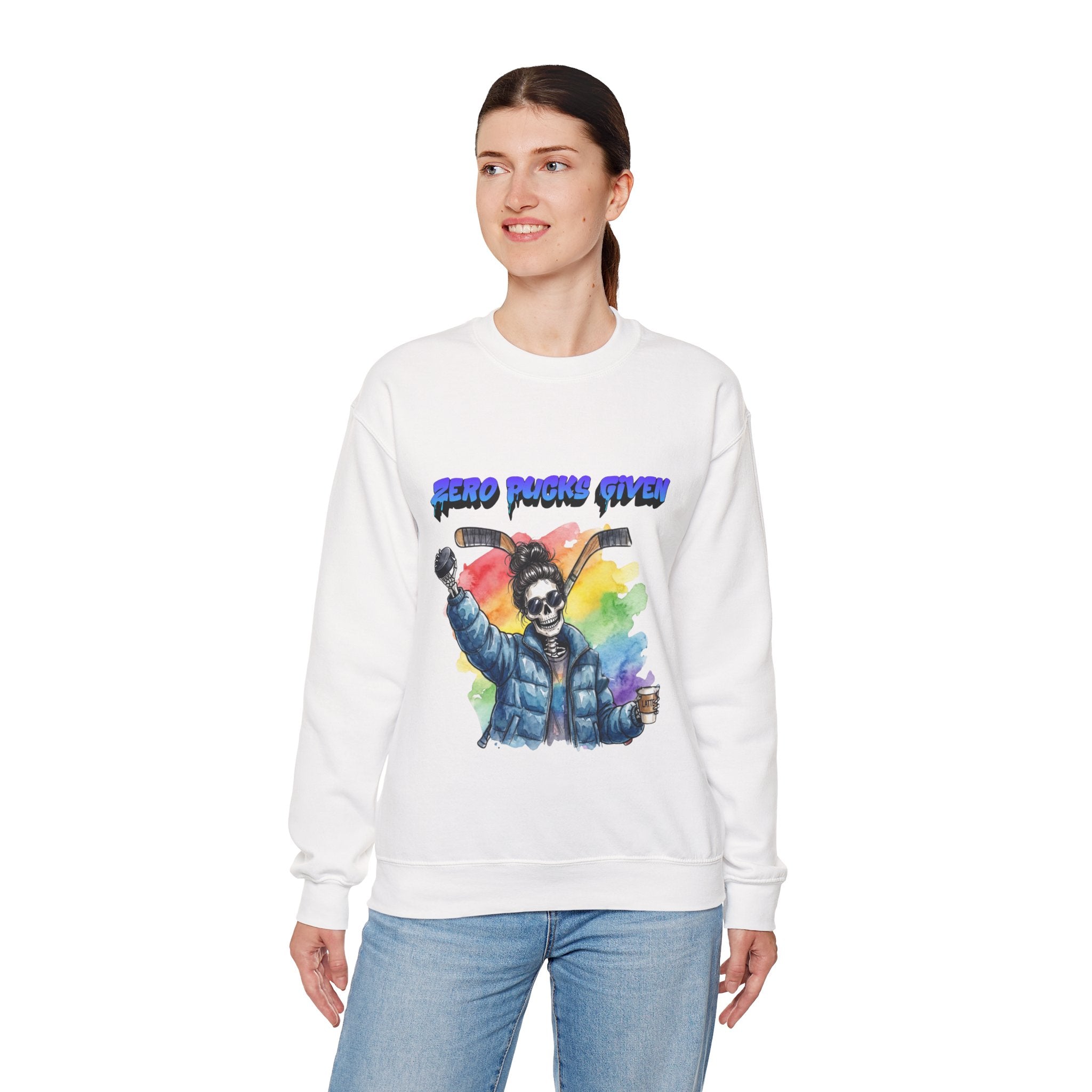 Zero Pucks Given Skeleton Hockey Player Crewneck sweatshirt | Rainbow Graphic