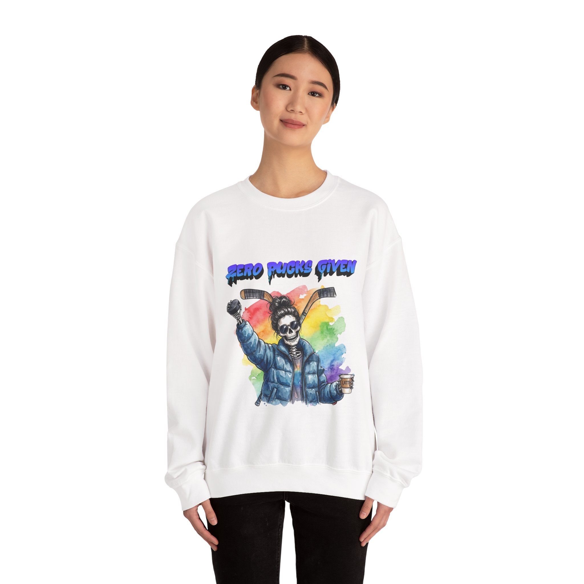 Zero Pucks Given Skeleton Hockey Player Crewneck sweatshirt | Rainbow Graphic