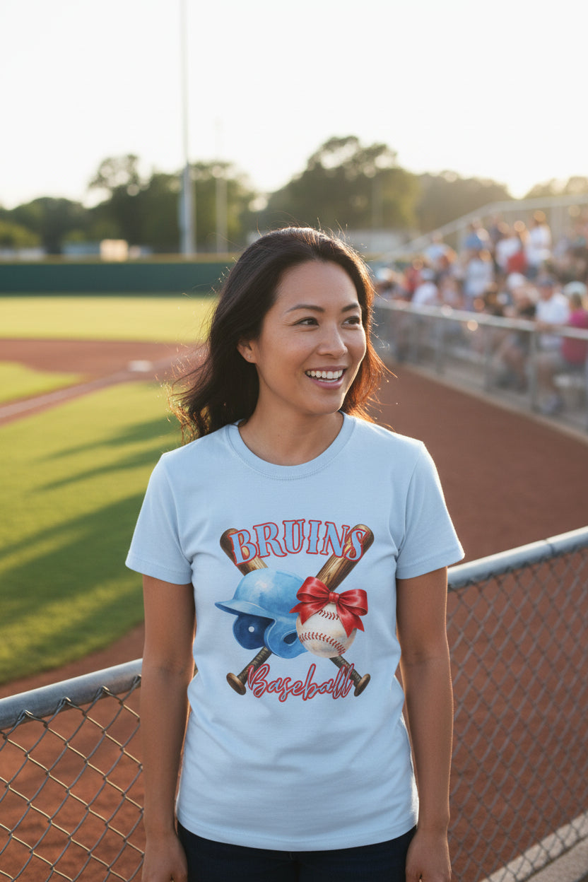 Bruins Baseball Graphic Tee | Helmet, Bats & Bow Design