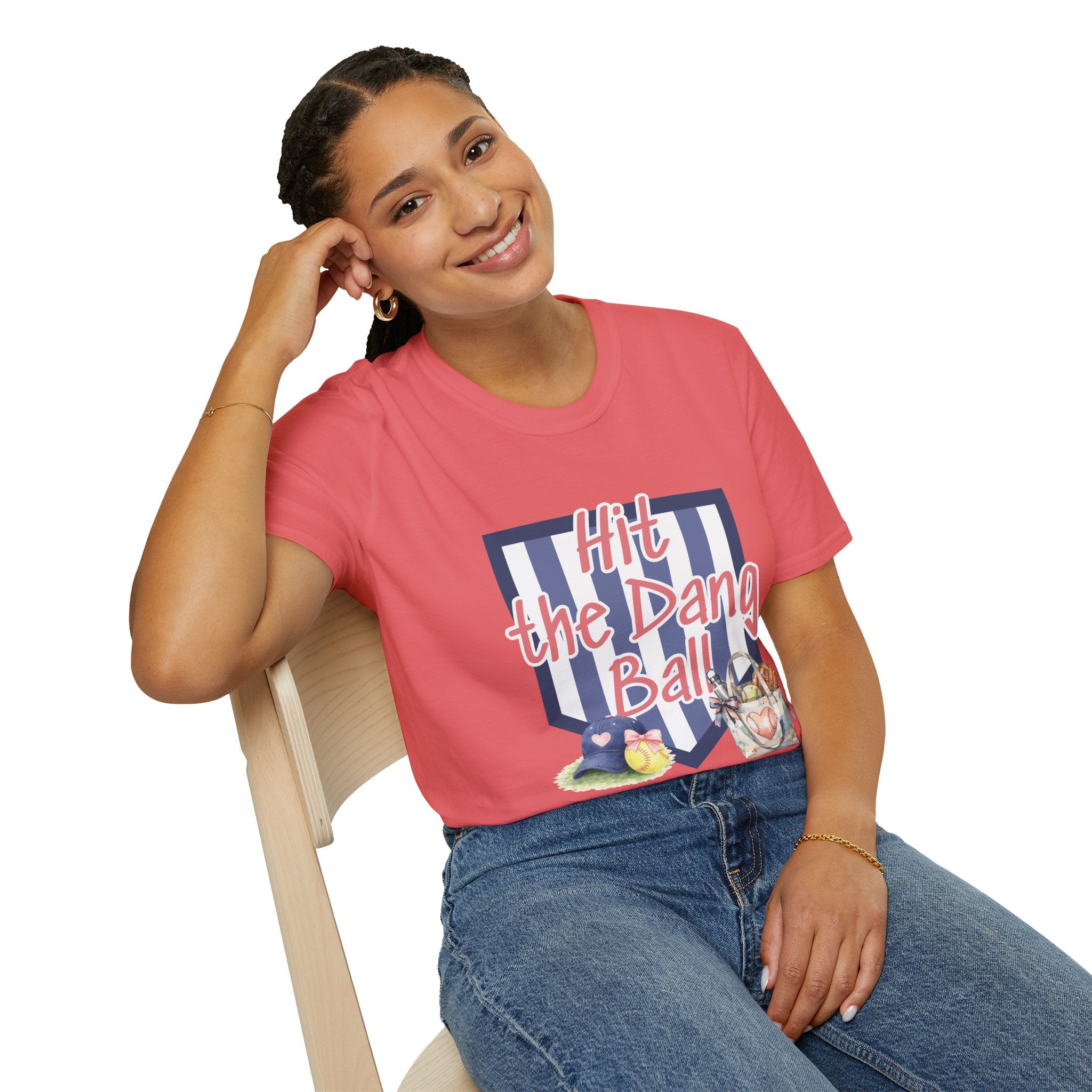 Preppy Hit the Dang Ball T-Shirt | Girly Baseball Graphic, Glove and Helmet Illustration