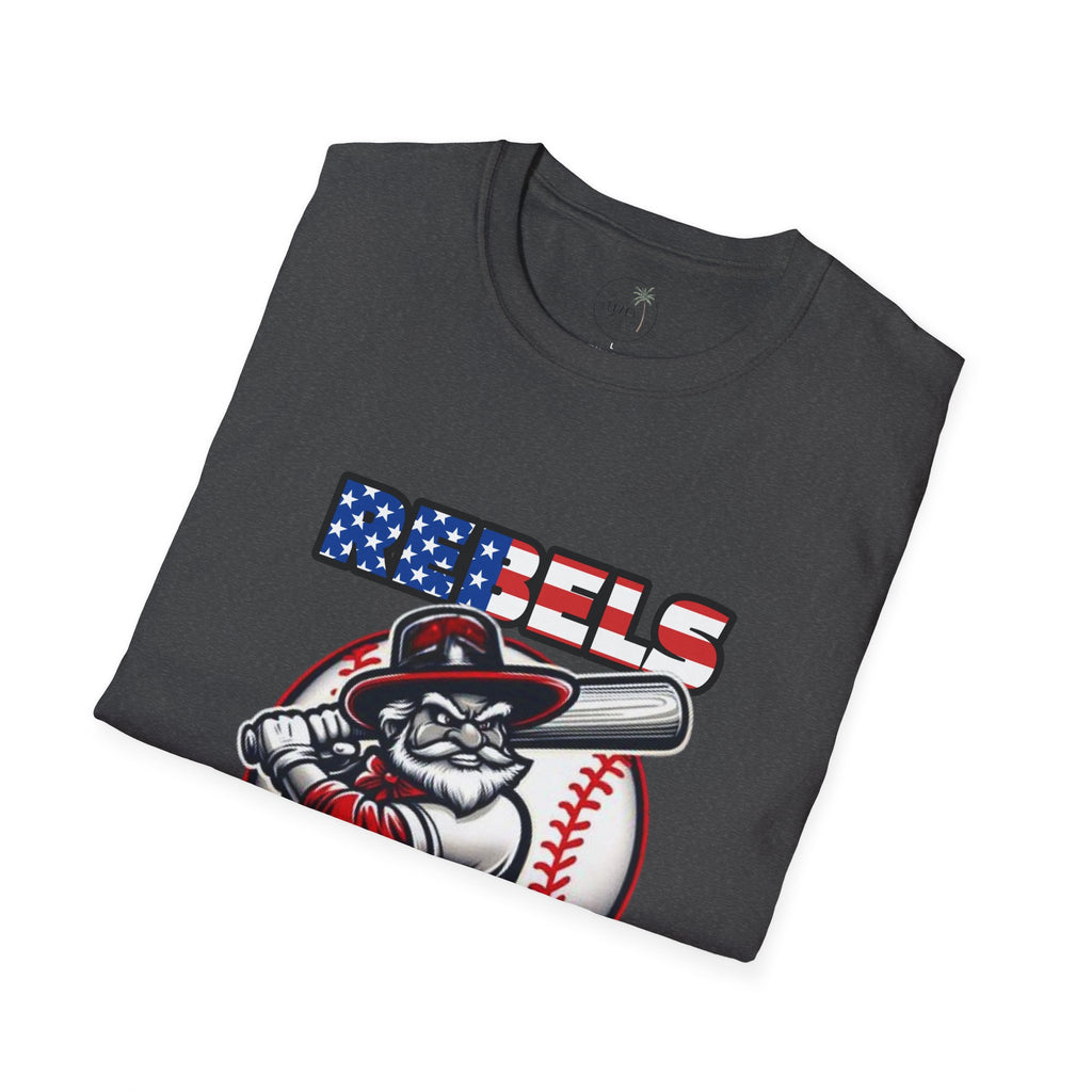 Rebels Baseball T-Shirt | Mascot Batter with American Flag Text