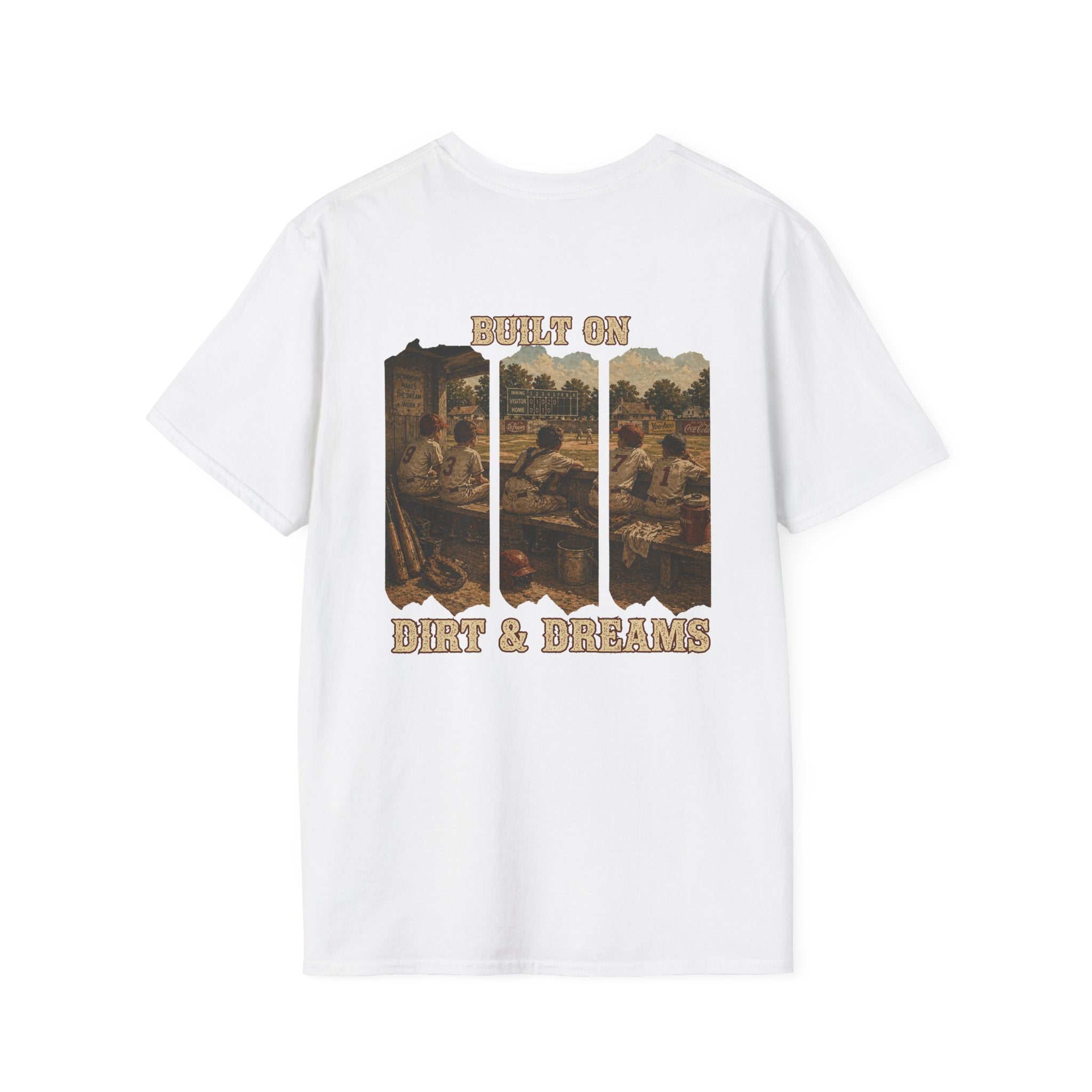 Vintage Baseball Shirt Built on Dirt and Dreams, Nostalgic Baseball Graphic Tee, Classic Fan Shirt, Dugout Scene Tee, Game Day Shirt