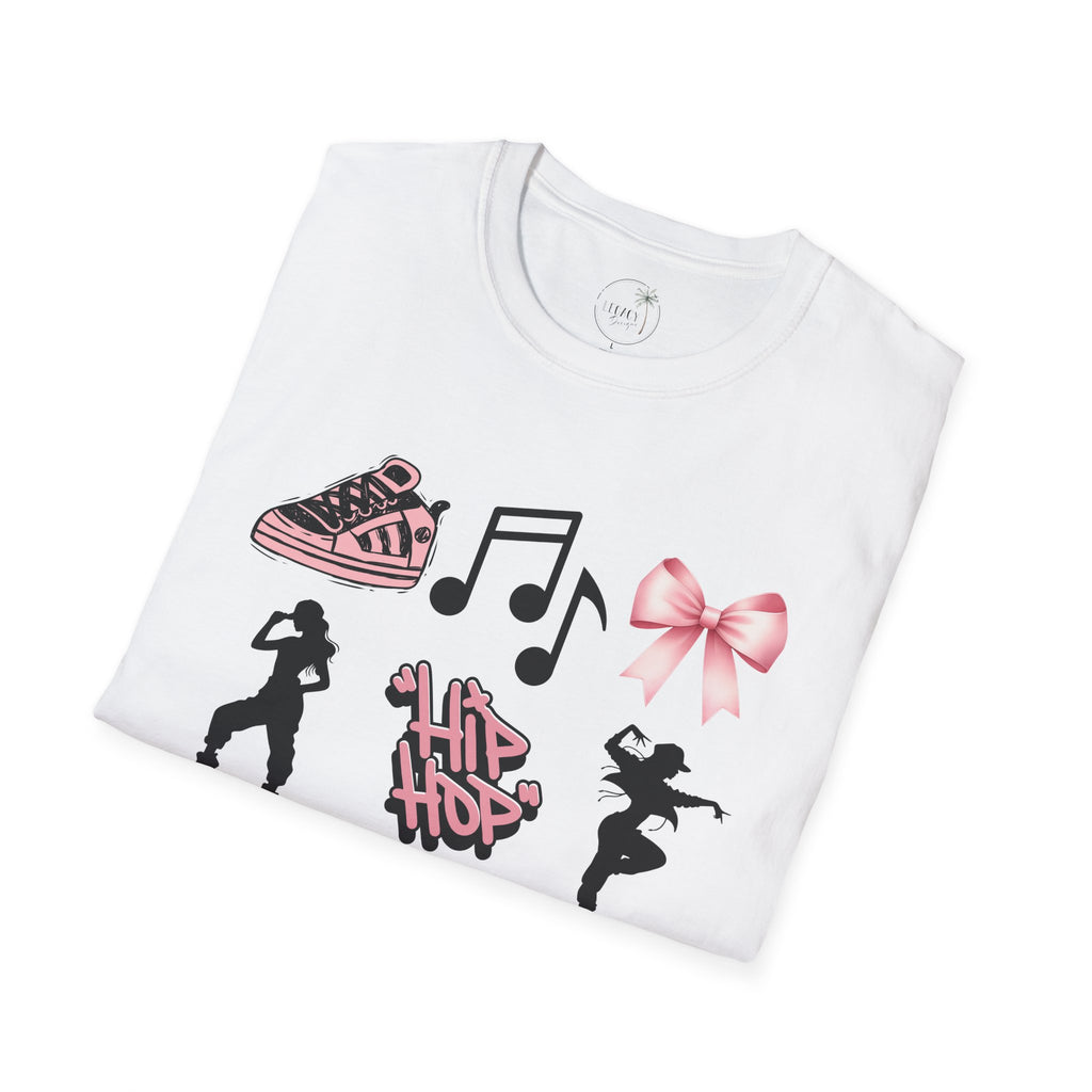 Hip Hop Dance Icons T‑Shirt — Pink Bows, Boombox & Sneaker Graphic