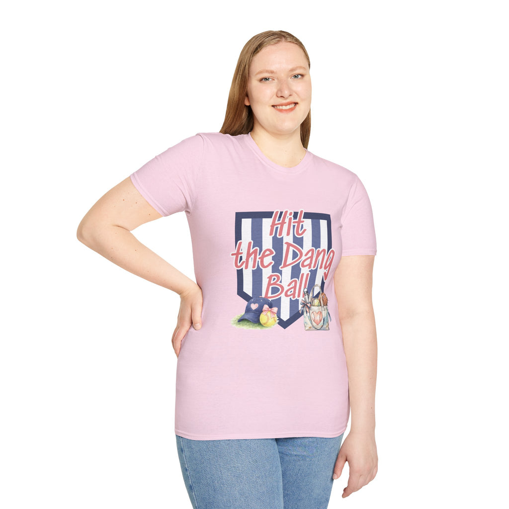 Preppy Hit the Dang Ball T-Shirt | Girly Baseball Graphic, Glove and Helmet Illustration