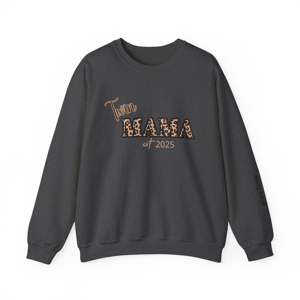 Twin Mama crewneck sweatshirt Customizable| Leopard print MAMA, est. 2025, name sleeve