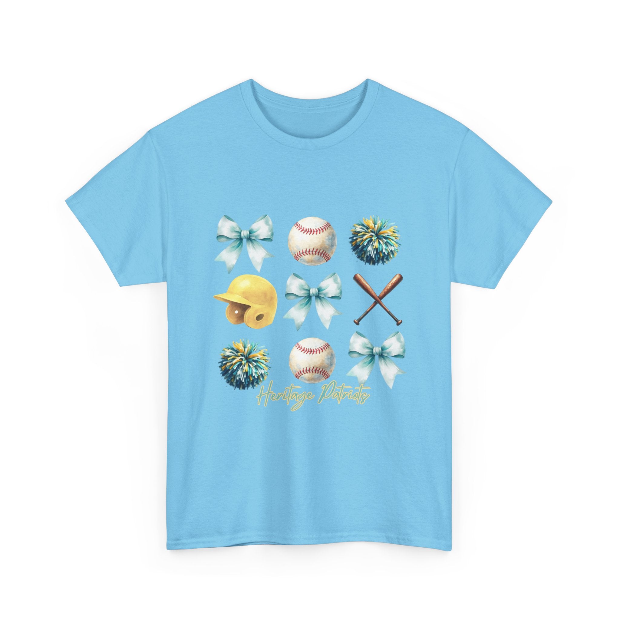 Heritage Baseball Grid with Bows Tee | Helmet, Bat, Ball, Pom Poms