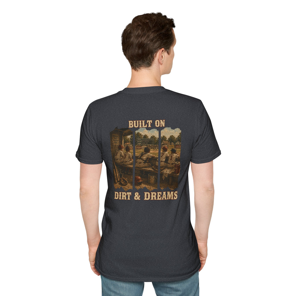 Vintage Baseball Shirt Built on Dirt and Dreams, Nostalgic Baseball Graphic Tee, Classic Fan Shirt, Dugout Scene Tee, Game Day Shirt