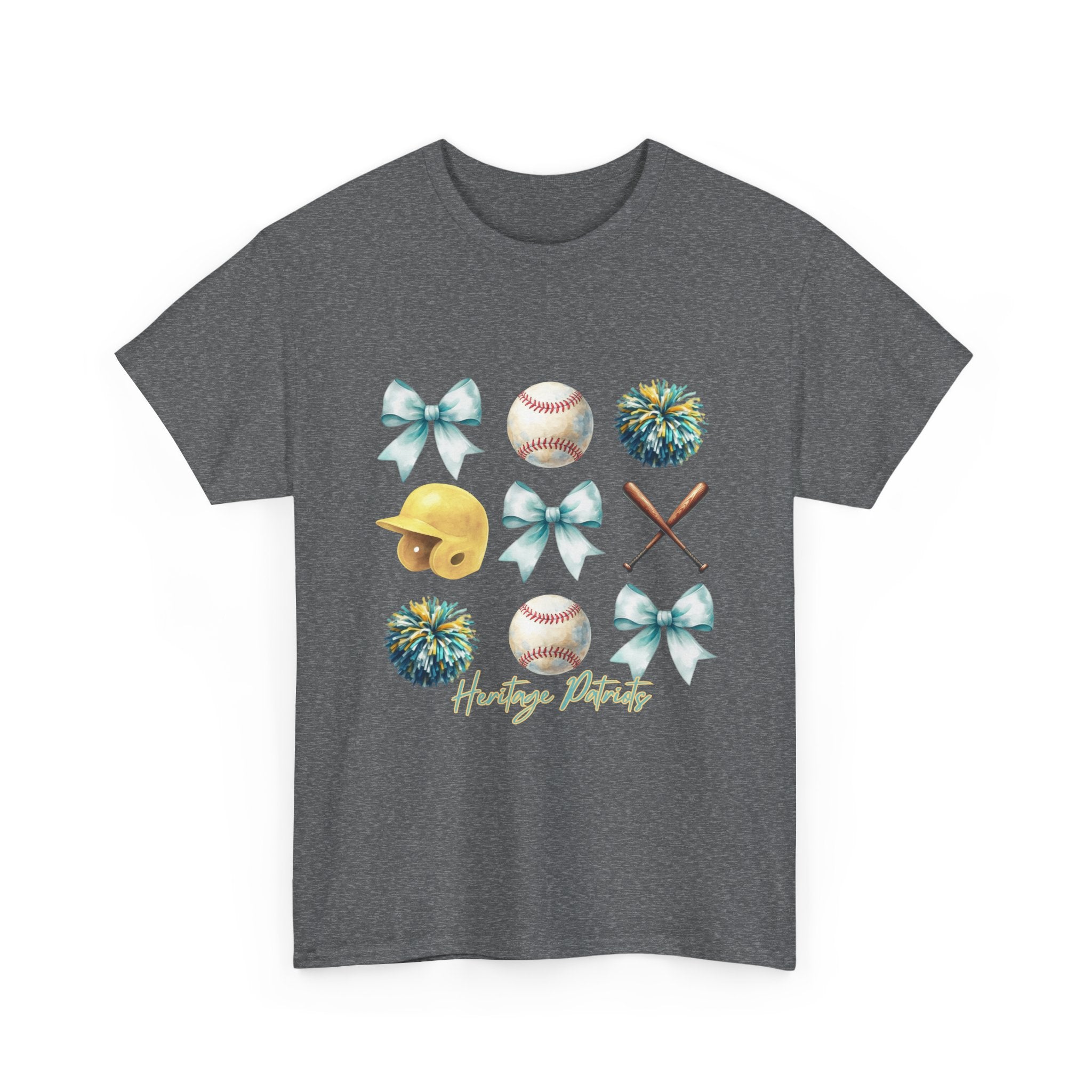 Heritage Baseball Grid with Bows Tee | Helmet, Bat, Ball, Pom Poms